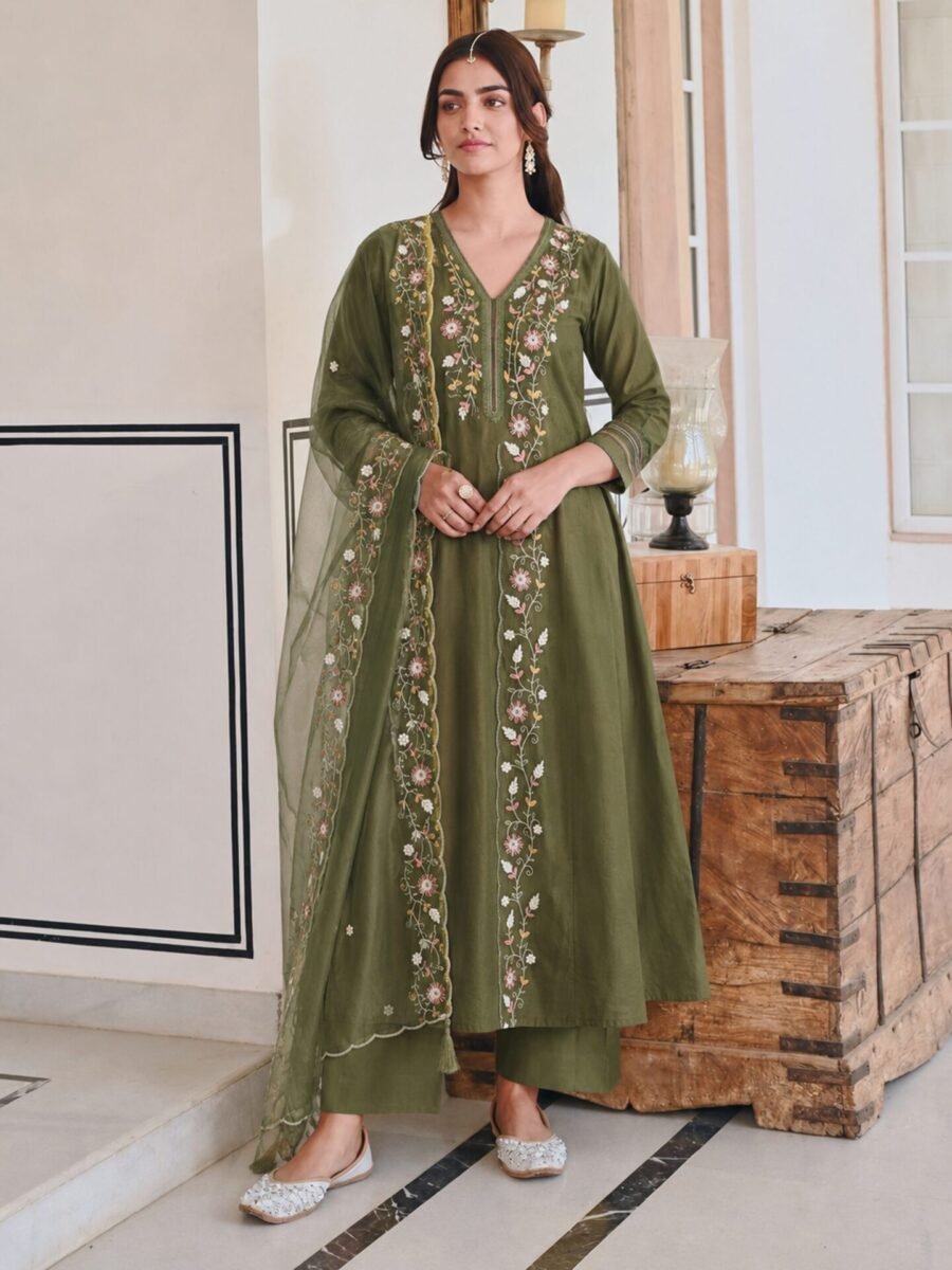 Olive Aura Floral Embroidered Kurta Set with Organza Dupatta