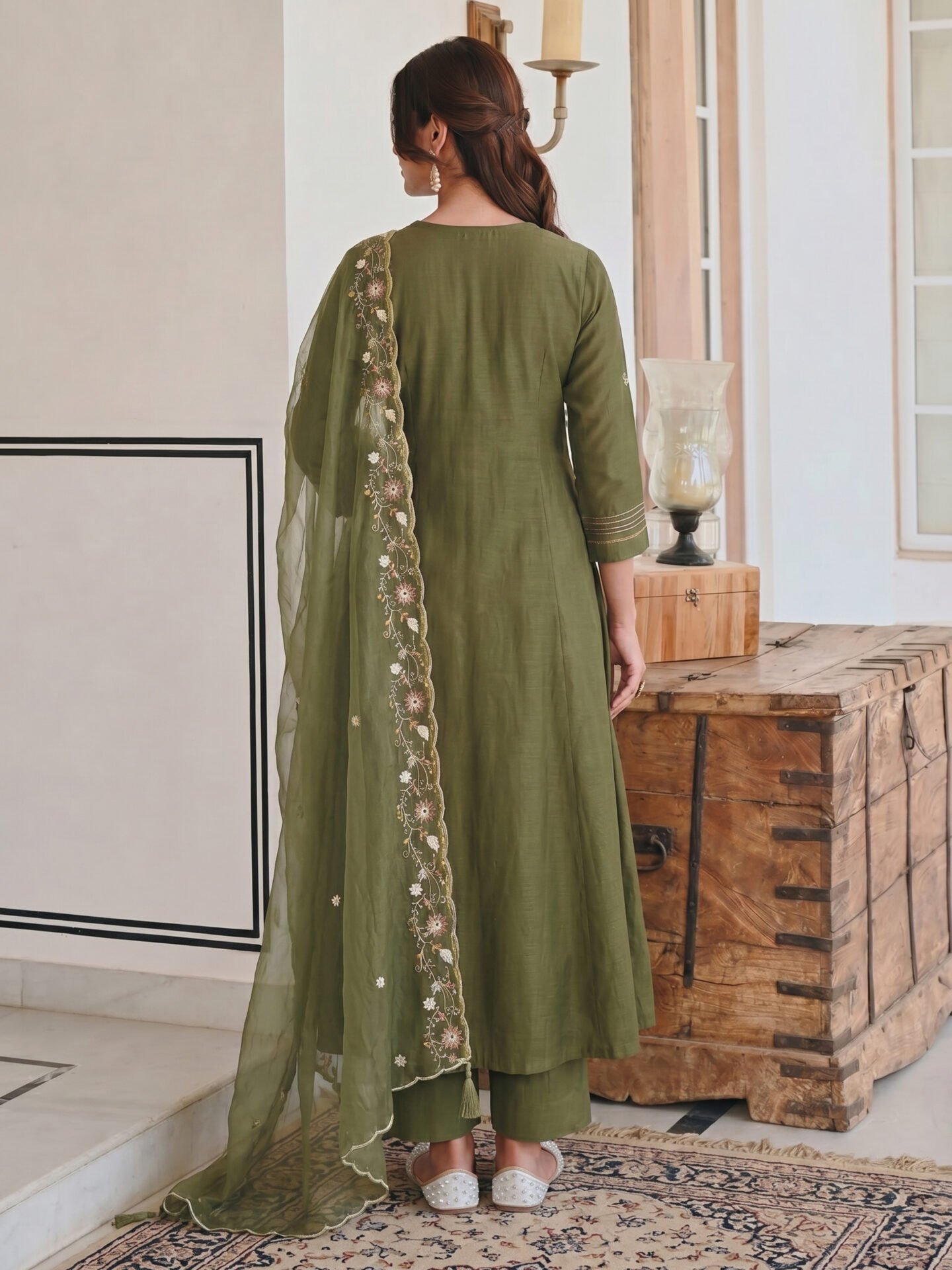 Olive Aura Floral Embroidered Kurta Set with Organza Dupatta - Image 3