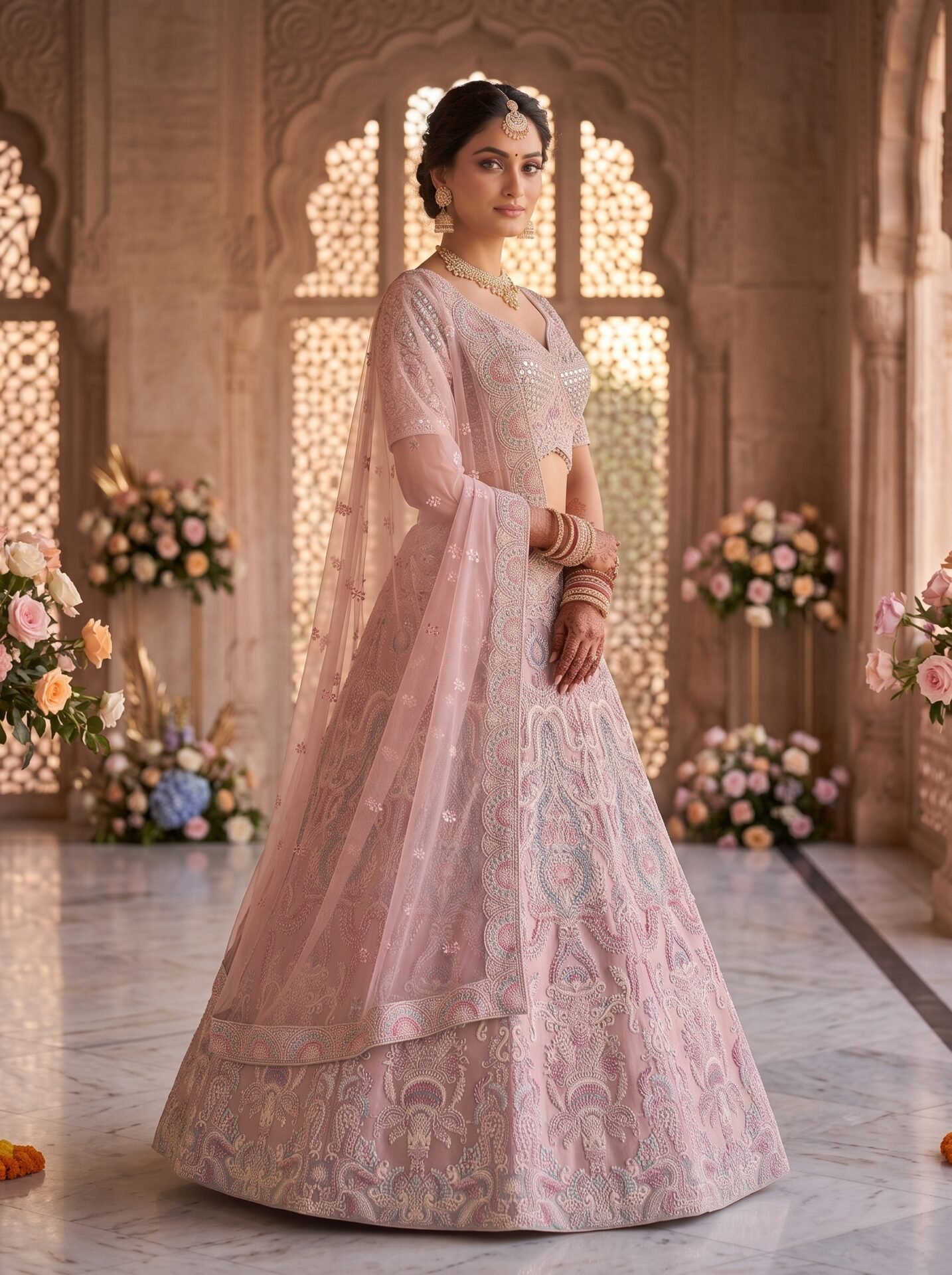 Peach Nude Paisley Zari & Sequin Net Bridal Lehenga Choli with Dupatta - Image 2