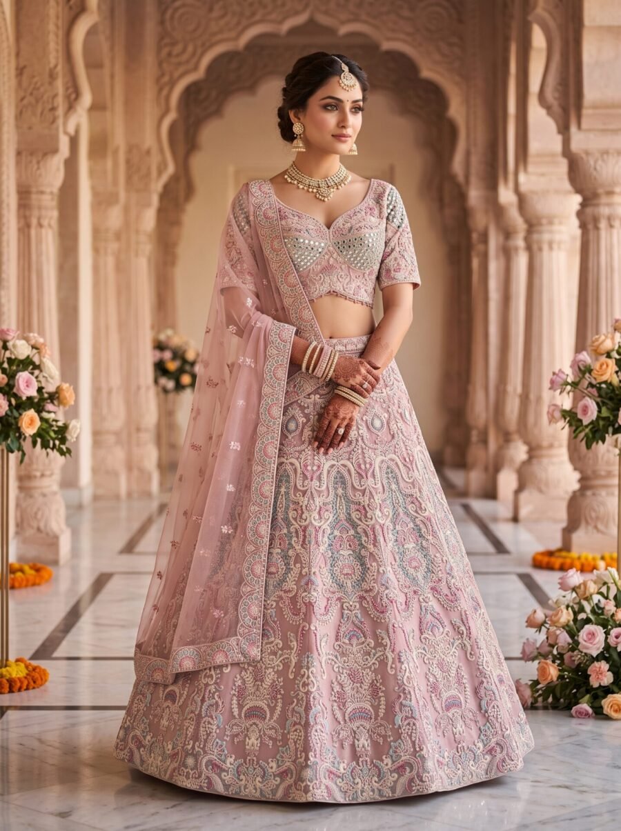 Peach Nude Paisley Zari & Sequin Net Bridal Lehenga Choli with Dupatta