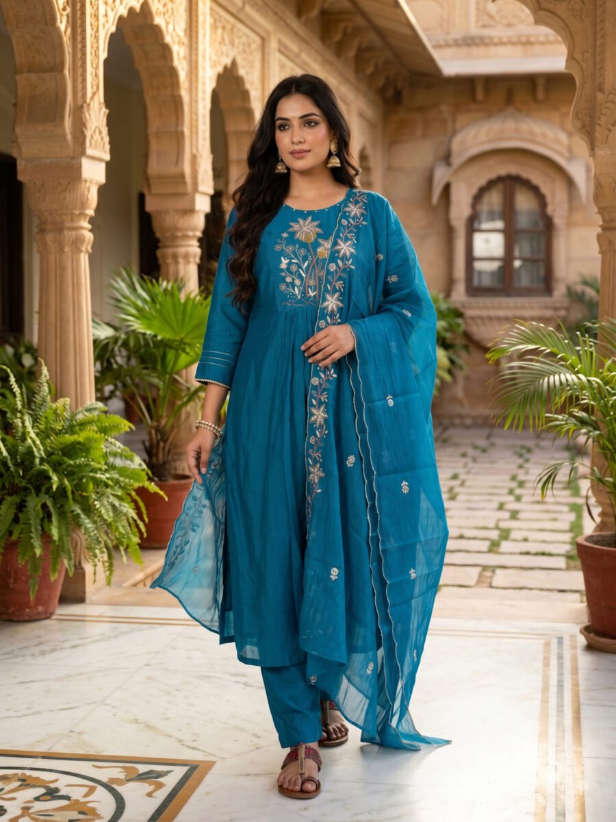 Peacock Azure Zari Embroidered Anarkali Set with Sheer Scalloped Dupatta