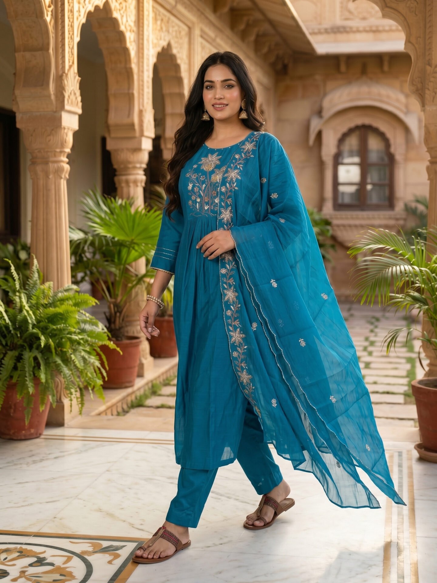 Peacock Azure Zari Embroidered Anarkali Set with Sheer Scalloped Dupatta - Image 2