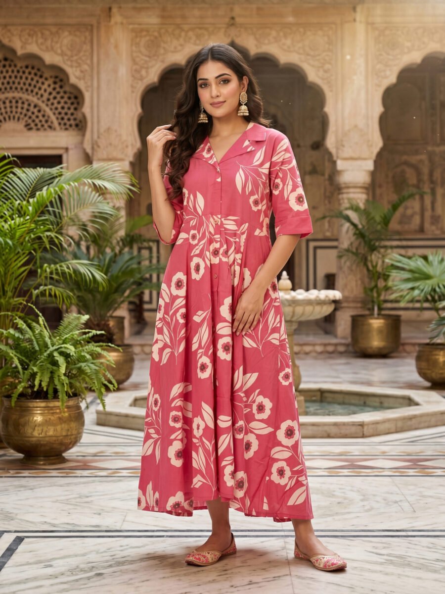 Pink Blossom Floral Collar Midi Dress