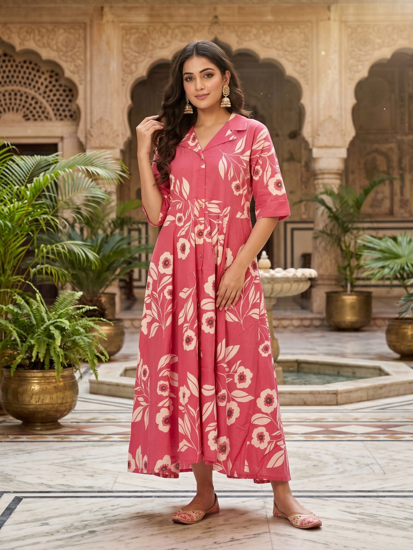Pink Blossom Floral Collar Midi Dress