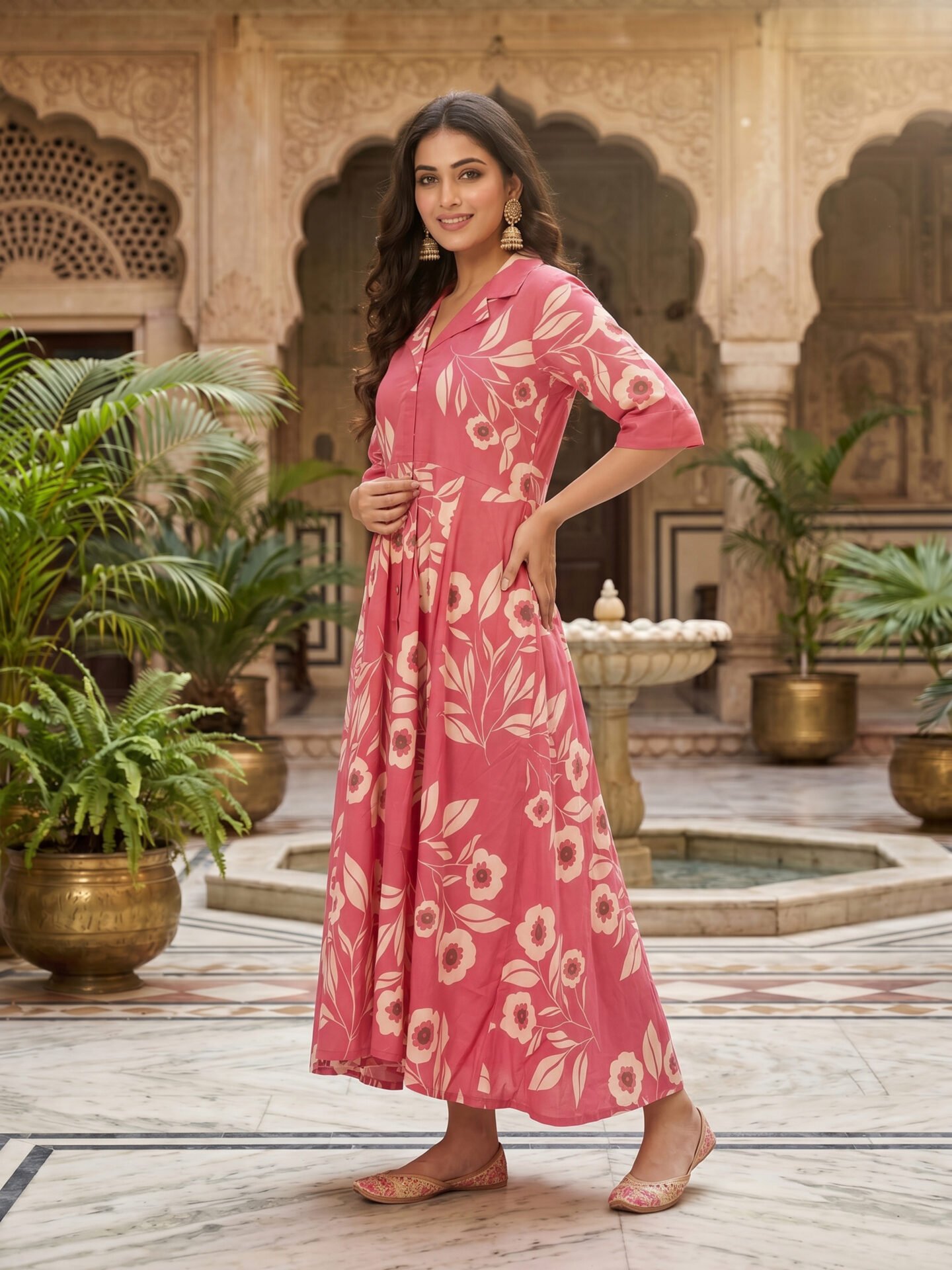 Pink Blossom Floral Collar Midi Dress - Image 3