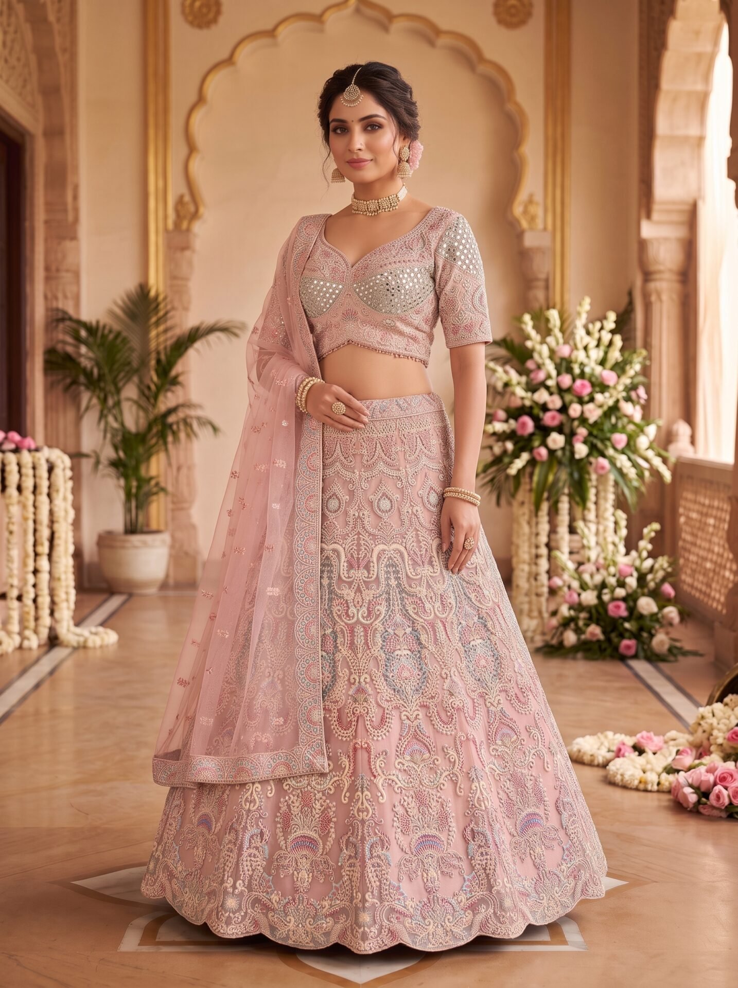 Premium Blush Pink Mirror Sequin Embroidered Net Bridal Lehenga Choli with Scalloped Dupatta - Image 2