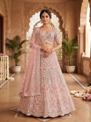Premium Blush Pink Mirror Sequin Embroidered Net Bridal Lehenga Choli with Scalloped Dupatta