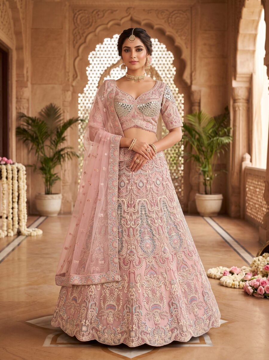Premium Blush Pink Mirror Sequin Embroidered Net Bridal Lehenga Choli with Scalloped Dupatta