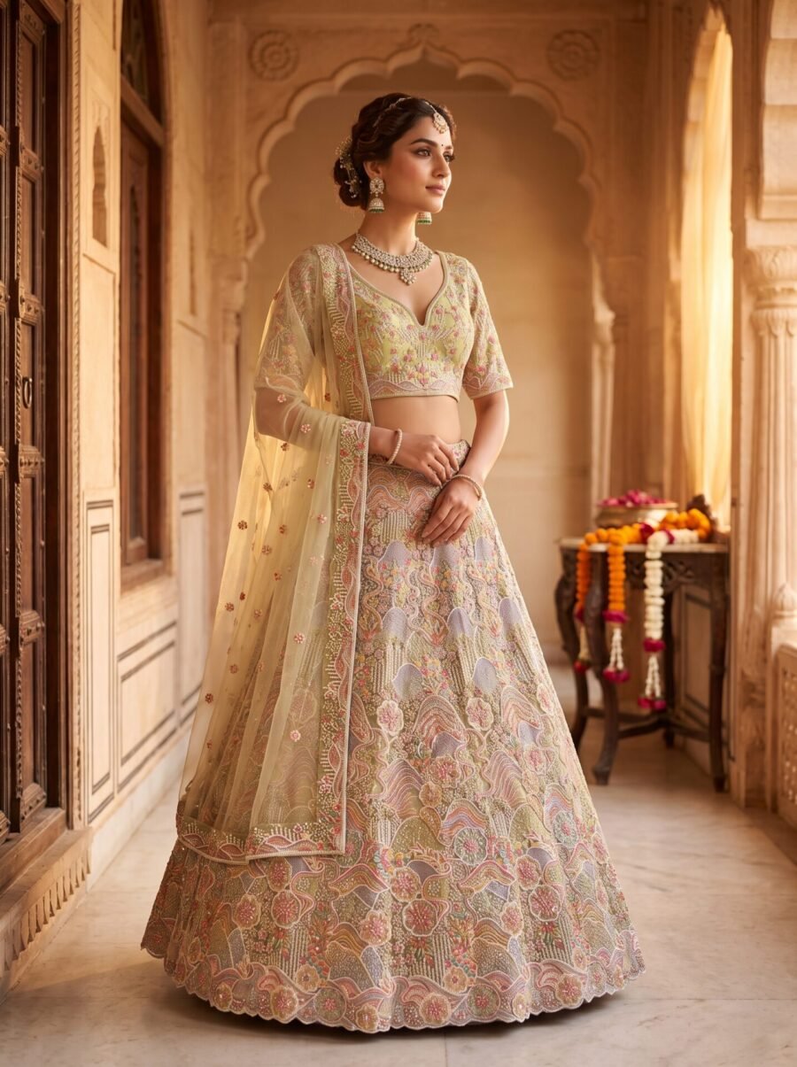 Premium Pistachio Green Floral Wave Embroidered Net Designer Lehenga Choli with Scalloped Dupatta