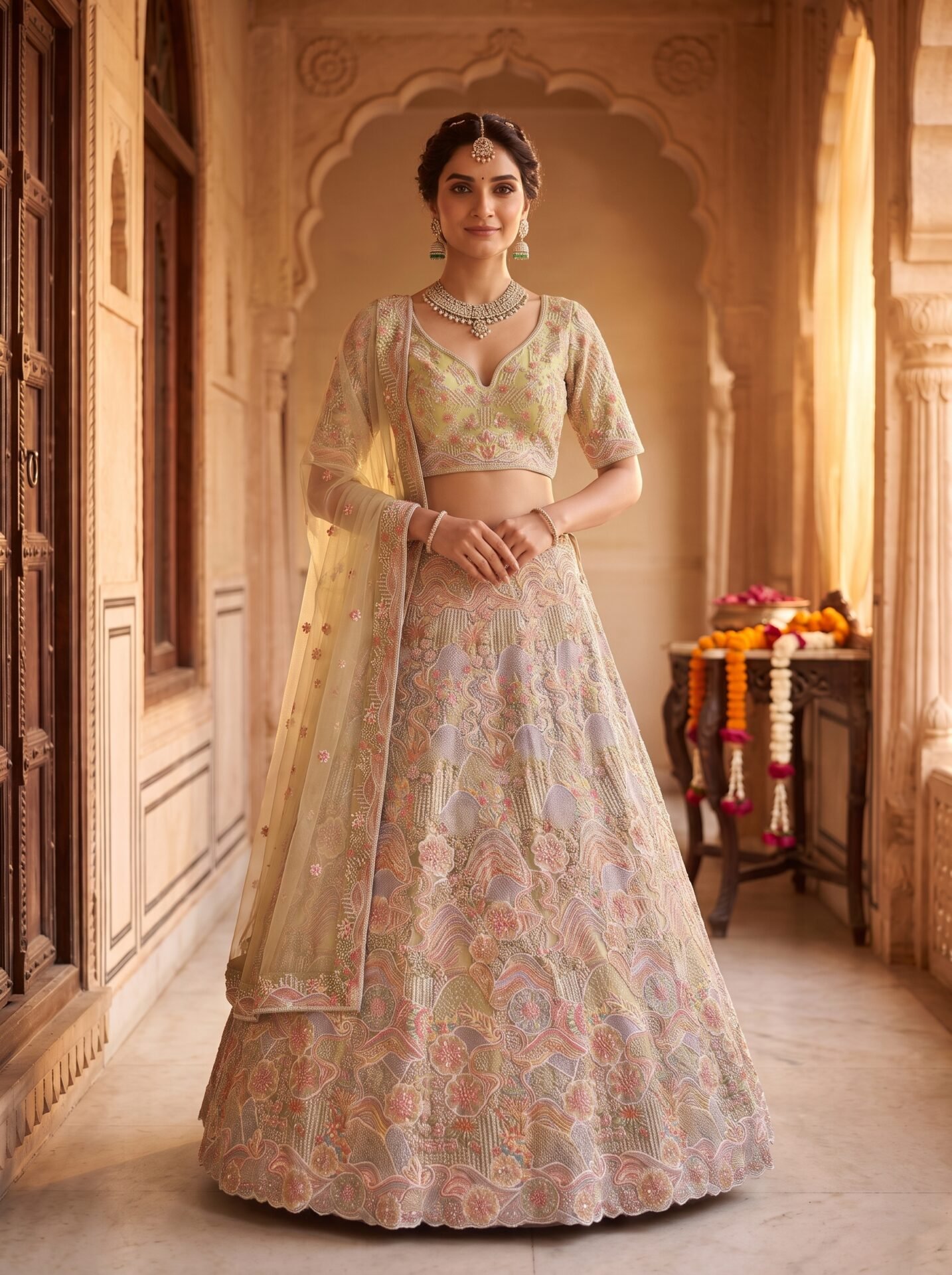 Premium Pistachio Green Floral Wave Embroidered Net Designer Lehenga Choli with Scalloped Dupatta - Image 2
