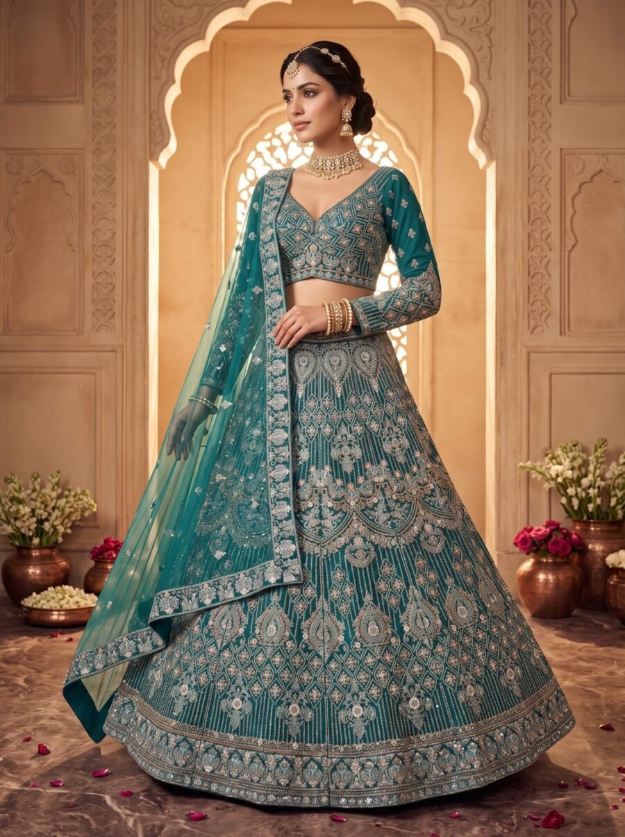 Premium Teal Blue Geometric Sequin Embroidered Net Bridal Lehenga Choli with Full Sleeves