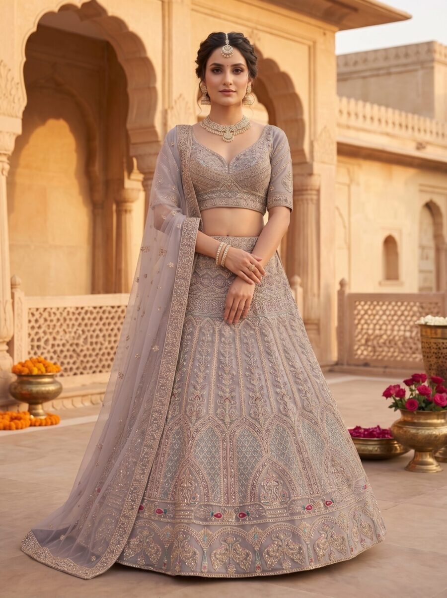 Prisha Dove Grey Peacock Zari Embroidered Bridal Lehenga Set