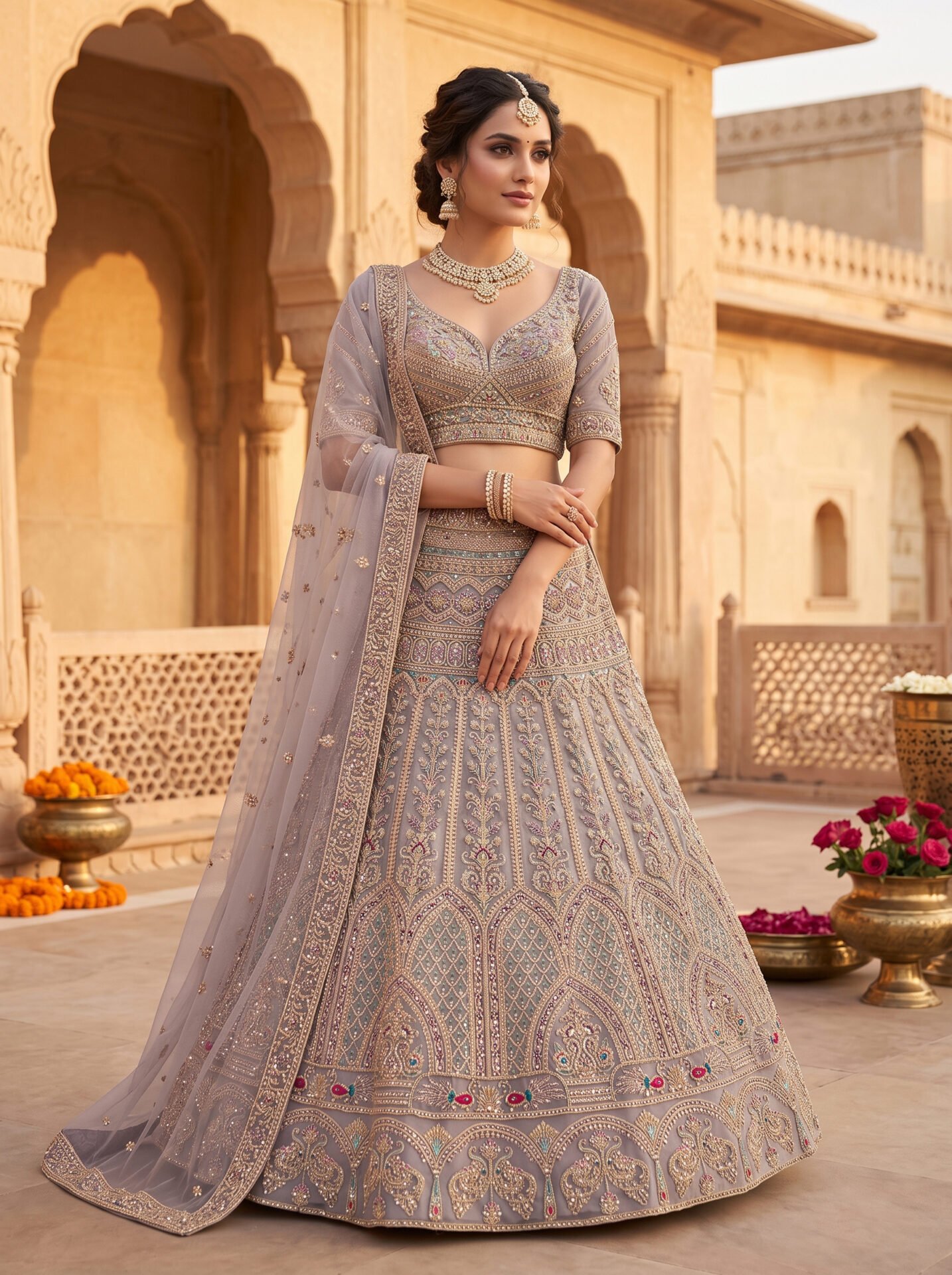 Prisha Dove Grey Peacock Zari Embroidered Bridal Lehenga Set - Image 2