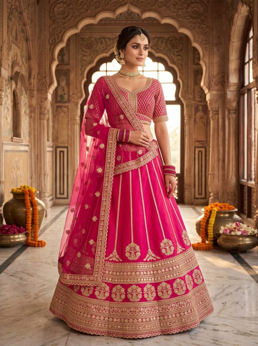 Ruhani Fuchsia Pink Gold Zari Embroidered Wedding Lehenga Set