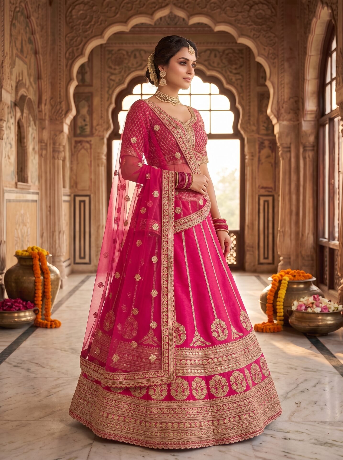 Ruhani Fuchsia Pink Gold Zari Embroidered Wedding Lehenga Set - Image 2