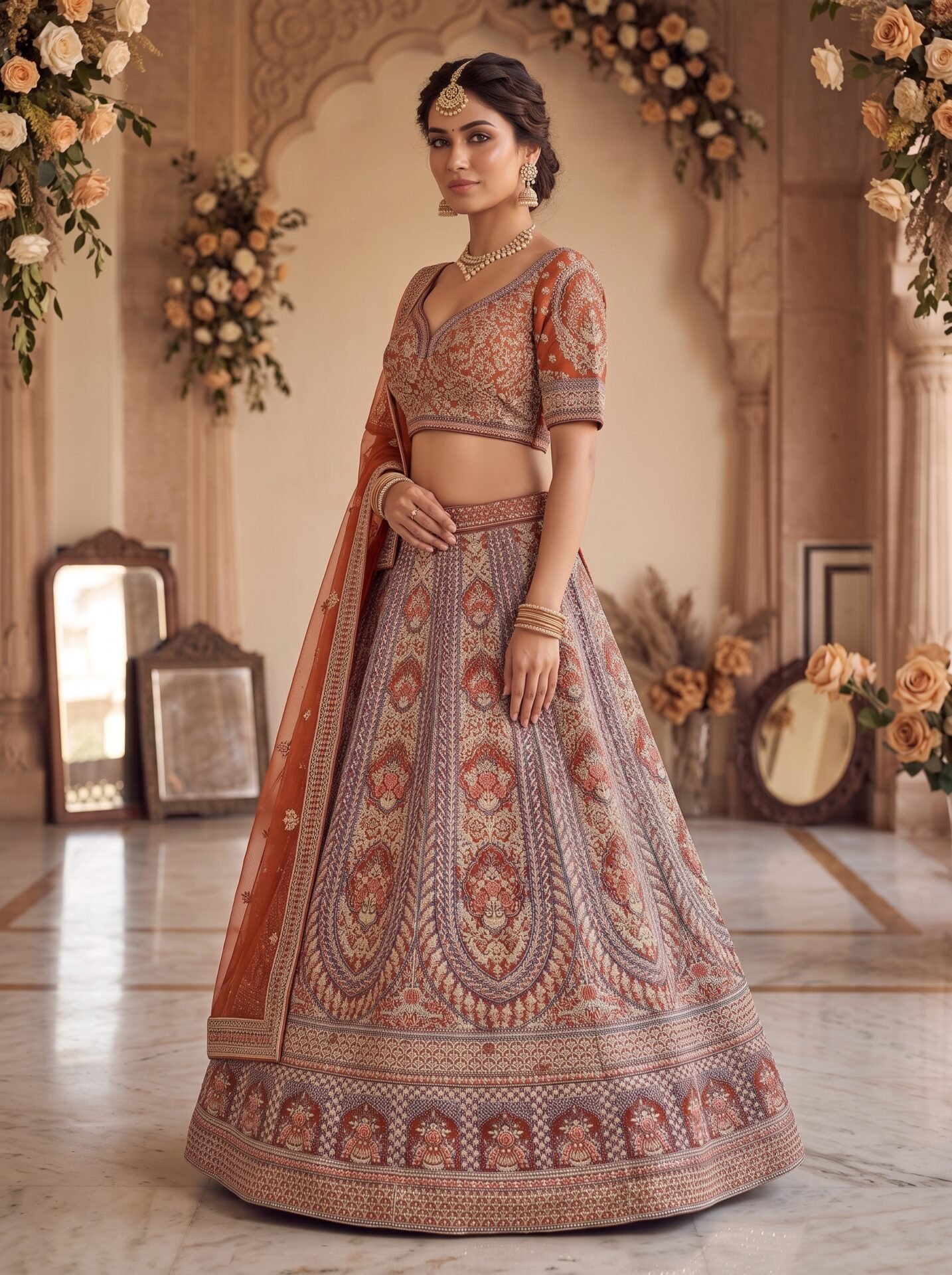 Rust Terracotta Multicolor Zari & Sequin Motif Bridal Lehenga Choli with Dupatta - Image 2