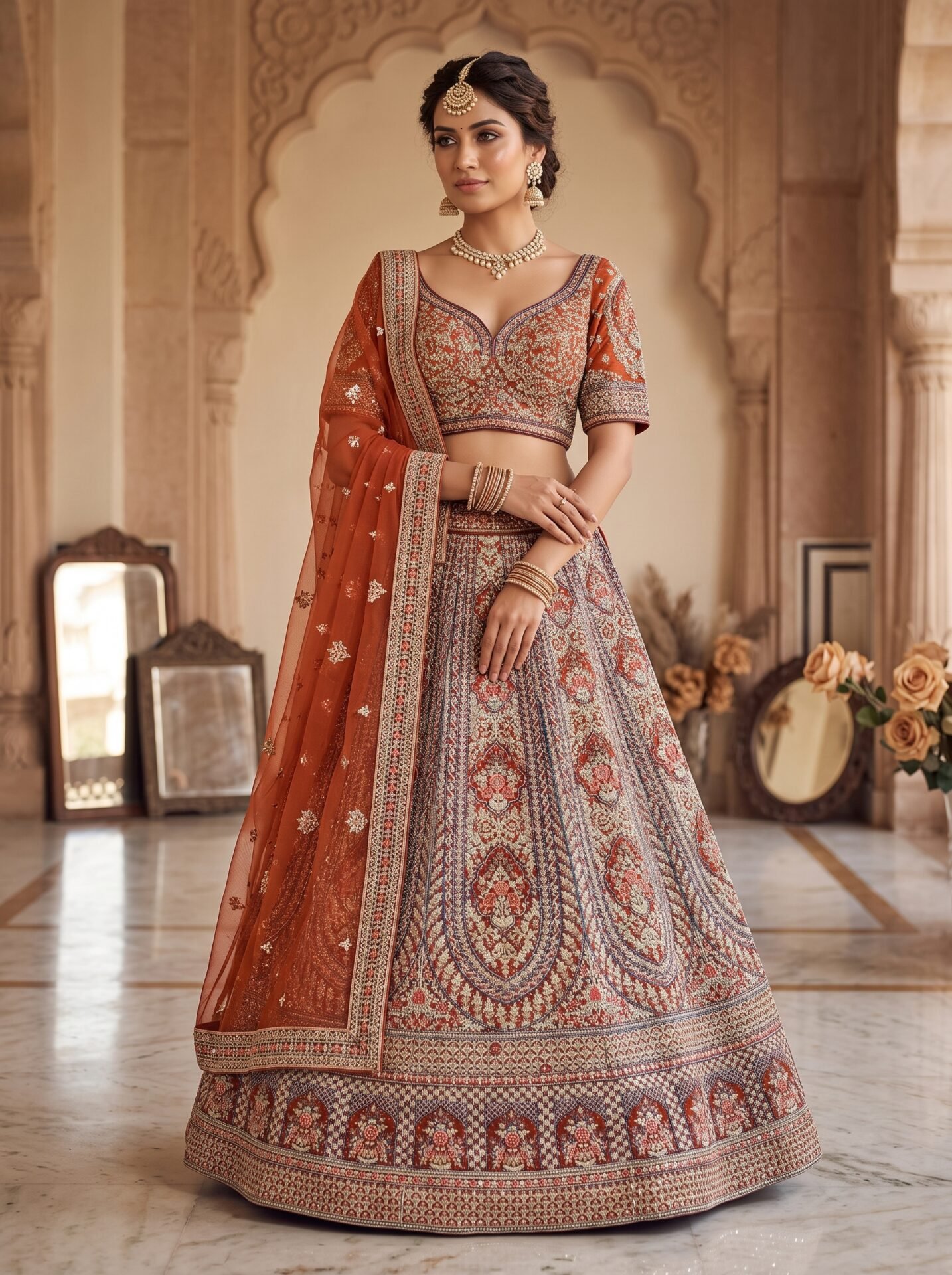 Rust Terracotta Multicolor Zari & Sequin Motif Bridal Lehenga Choli with Dupatta