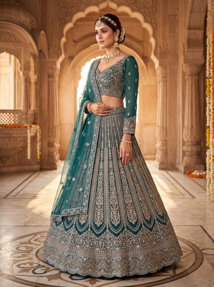 Saanvi Emerald Green Gold Zari Bridal Lehenga Set