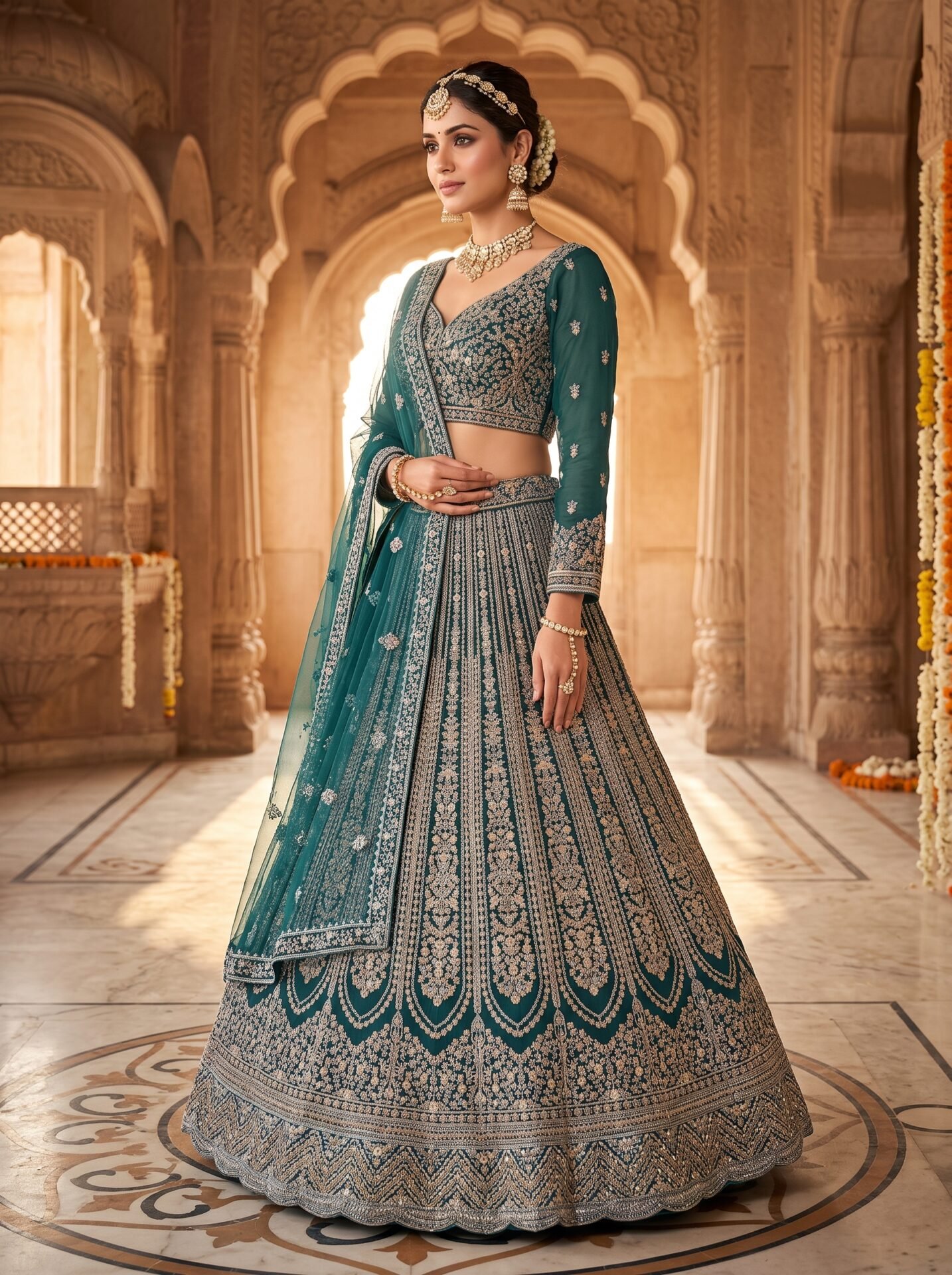 Saanvi Emerald Green Gold Zari Bridal Lehenga Set