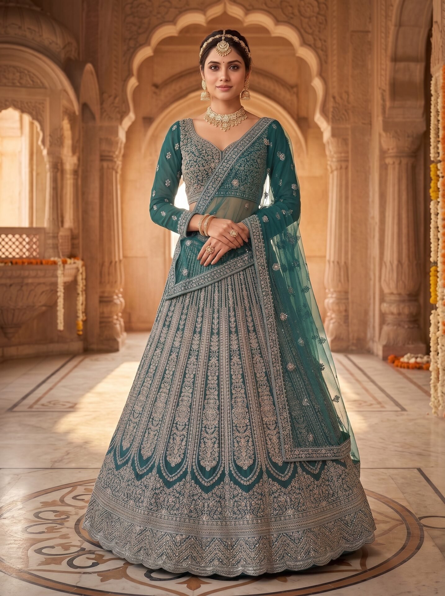 Saanvi Emerald Green Gold Zari Bridal Lehenga Set - Image 2