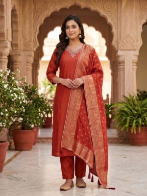 Scarlet Majesty Zari Embroidered Kurta Set with Banarasi Dupatta