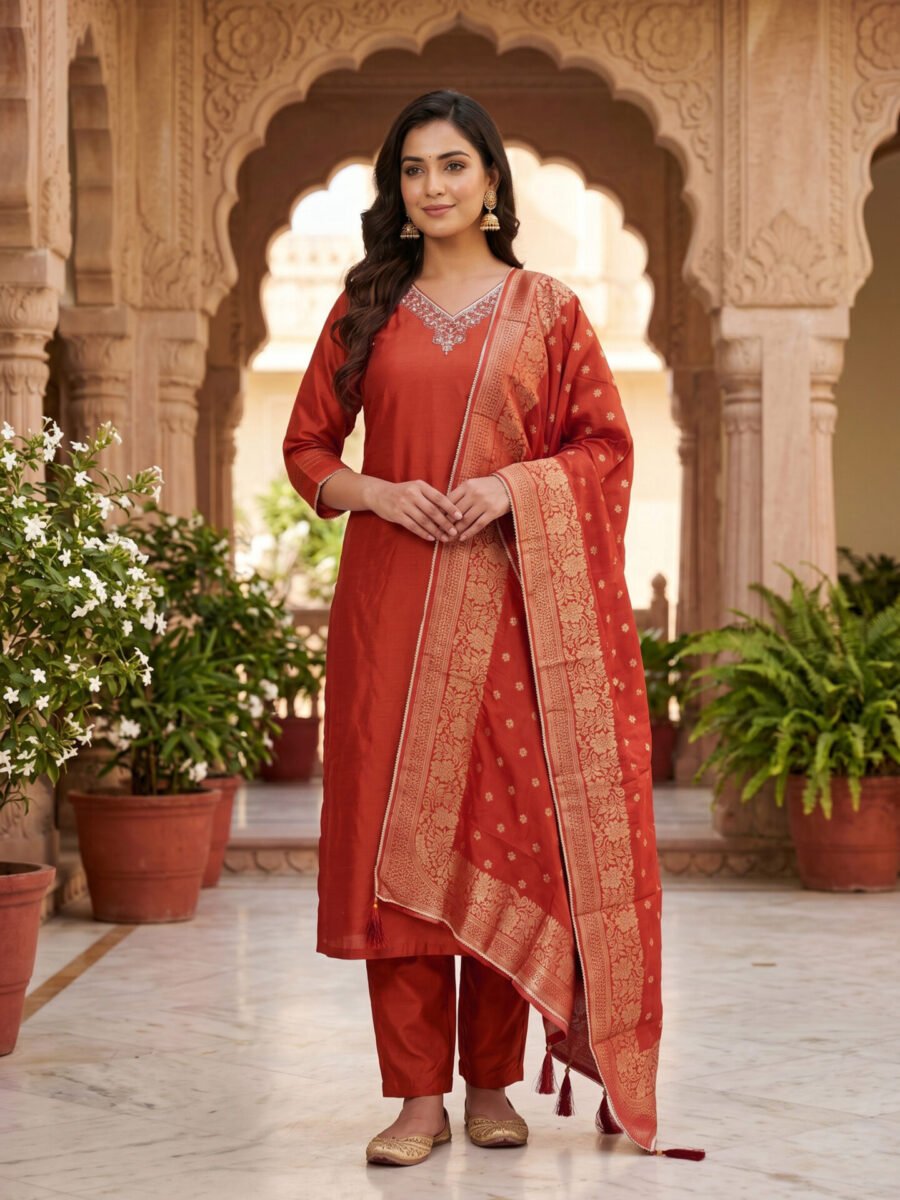Scarlet Majesty Zari Embroidered Kurta Set with Banarasi Dupatta