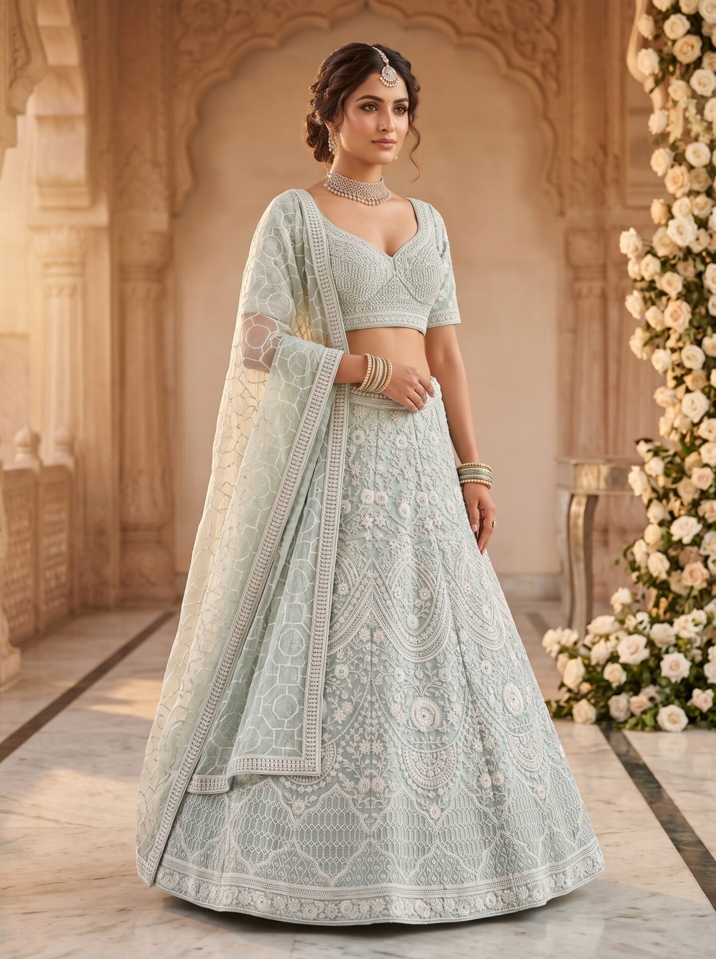 Seafoam Blue Geometric Butti Embroidered Net Bridal Lehenga Choli with Dupatta - Image 2