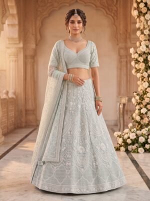 Seafoam Blue Geometric Butti Embroidered Net Bridal Lehenga Choli with Dupatta