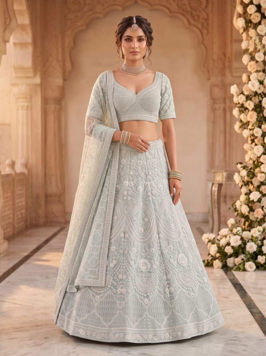 Seafoam Blue Geometric Butti Embroidered Net Bridal Lehenga Choli with Dupatta