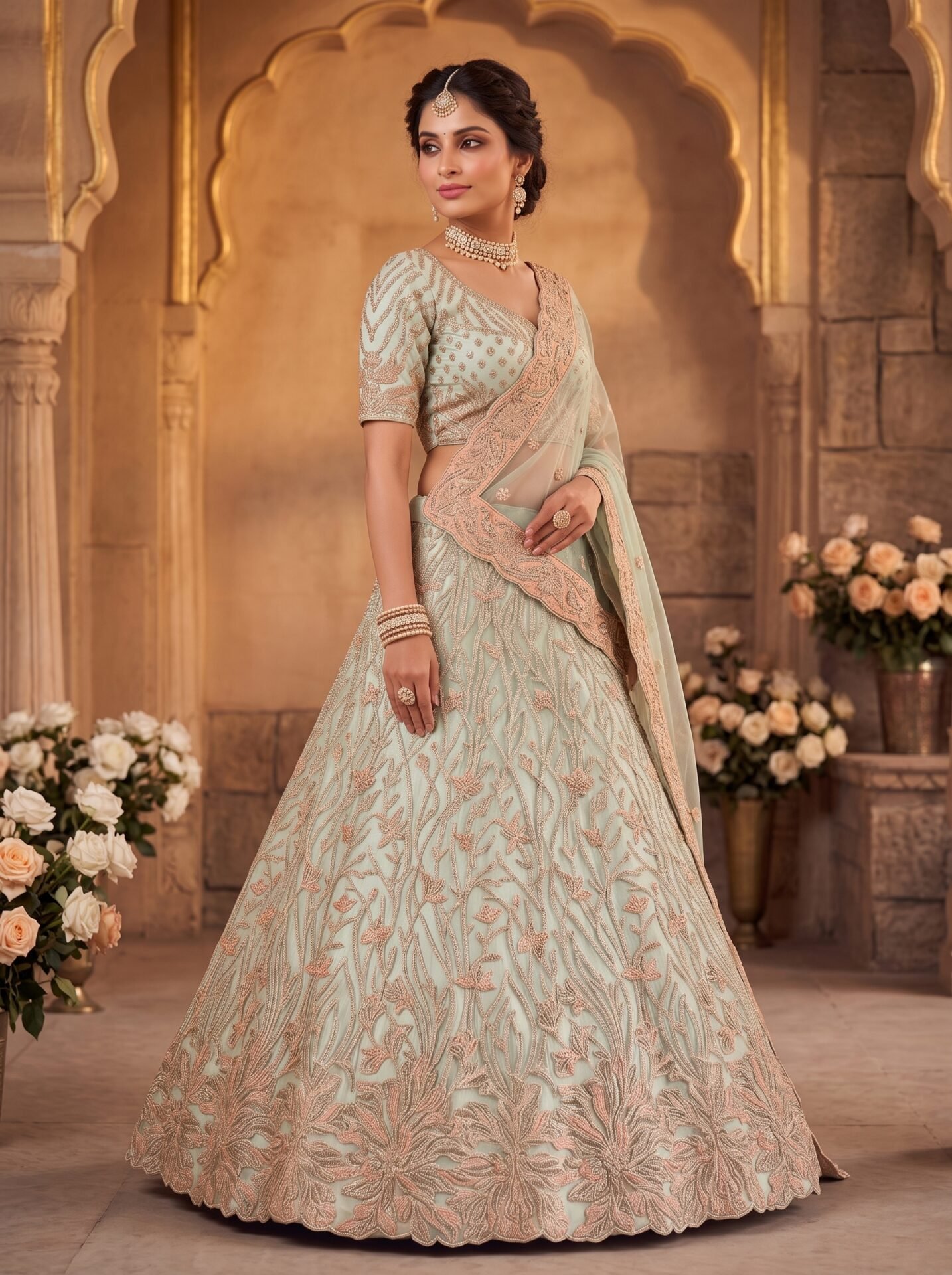 Seafoam Mint Floral Buti Zari & Sequin Bridal Lehenga Choli with Dupatta - Image 2
