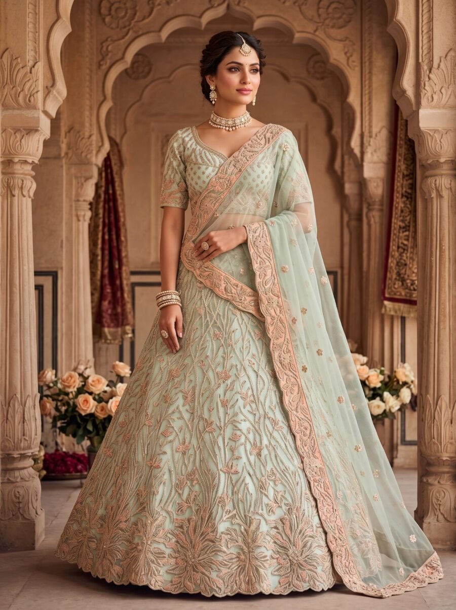 Seafoam Mint Floral Buti Zari & Sequin Bridal Lehenga Choli with Dupatta