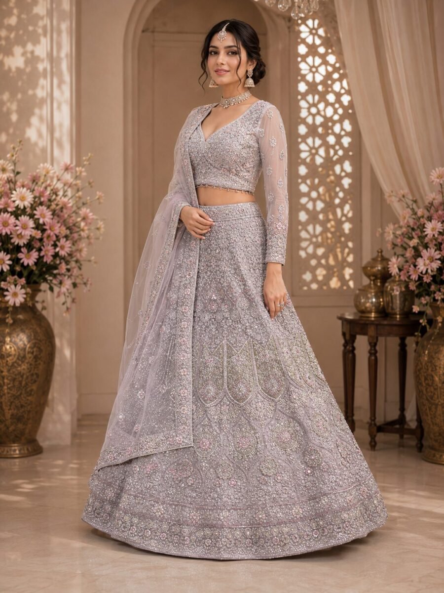 Serenia Dove Grey Blush Floral Embroidered Bridal Lehenga Set