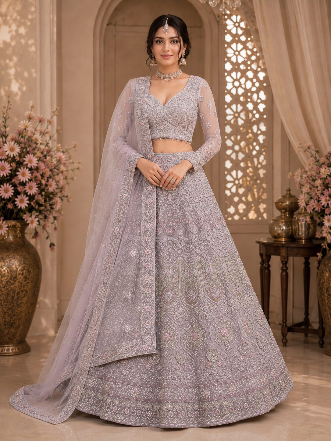 Serenia Dove Grey Blush Floral Embroidered Bridal Lehenga Set - Image 2