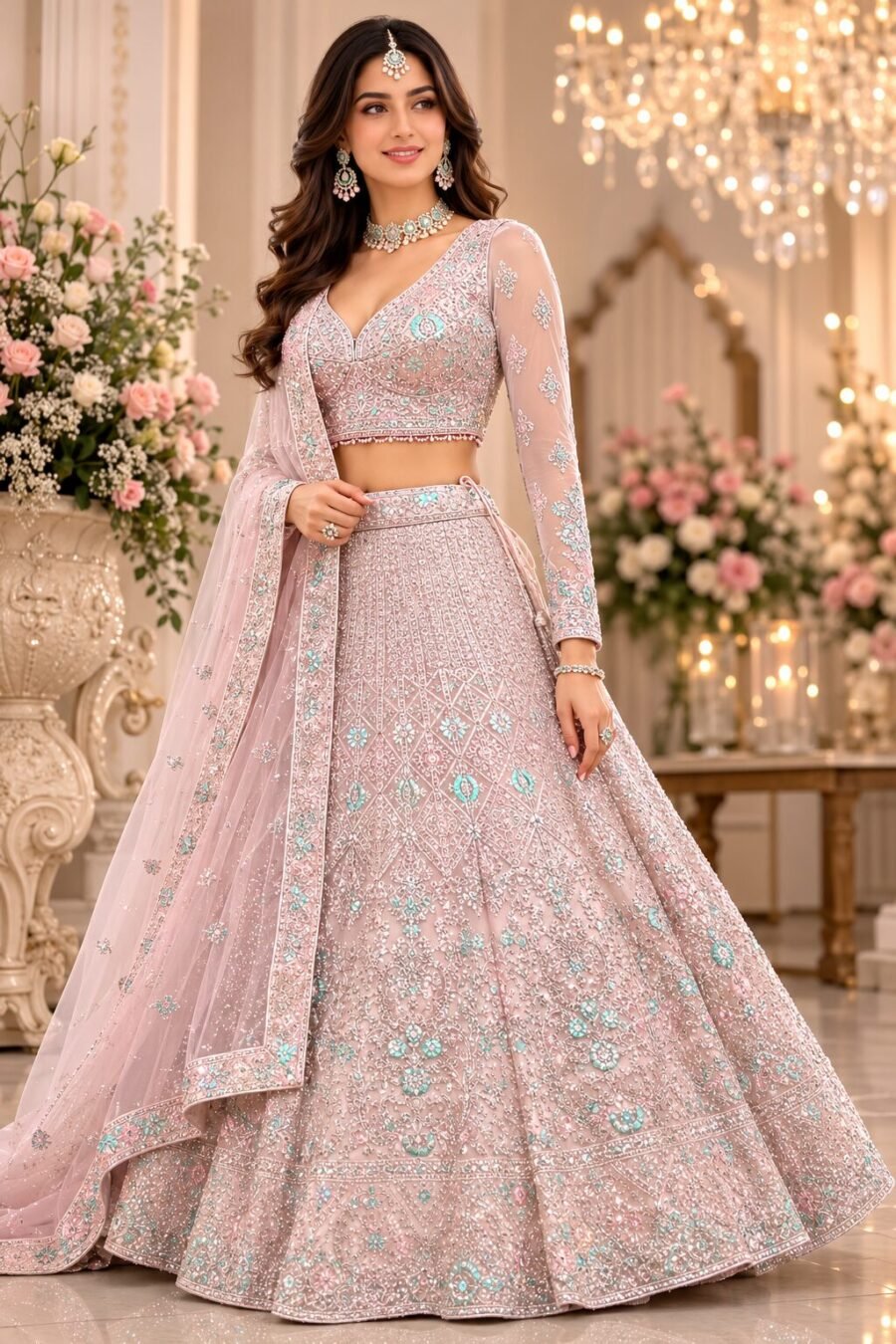 Taarini Blush Pink Aqua Floral Embroidered Bridal Lehenga Set