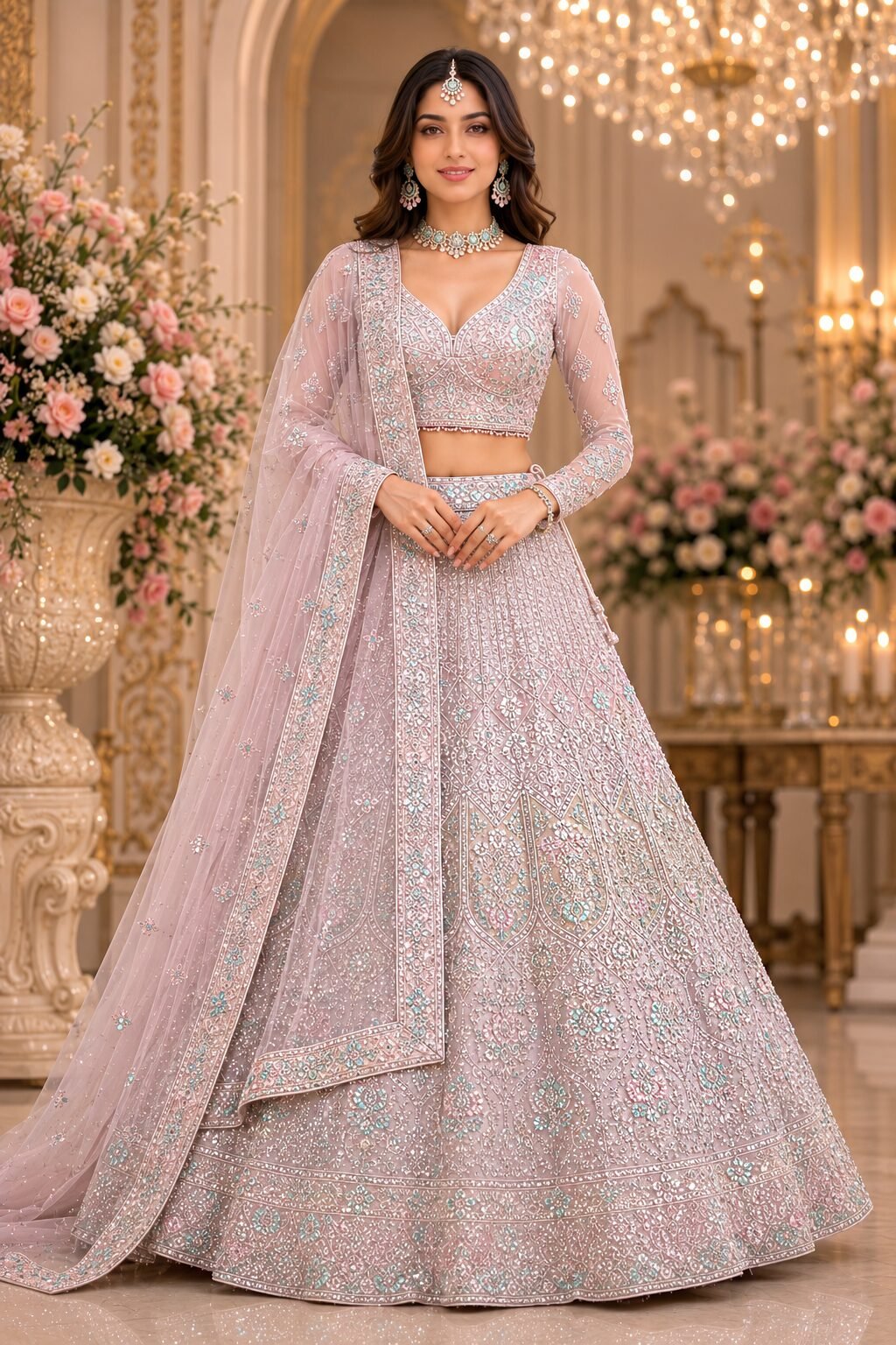 Taarini Blush Pink Aqua Floral Embroidered Bridal Lehenga Set - Image 2