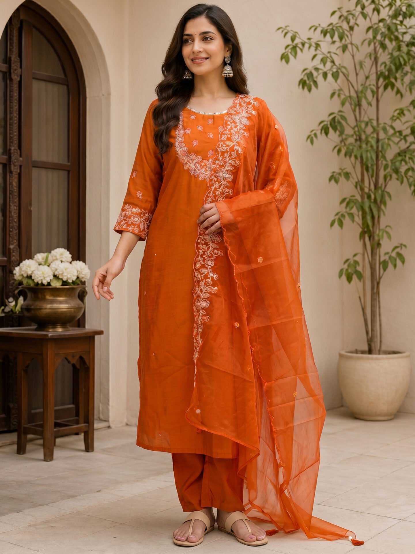 Tangerine Whisper Floral Embroidered Kurta Set with Sheer Organza Dupatta