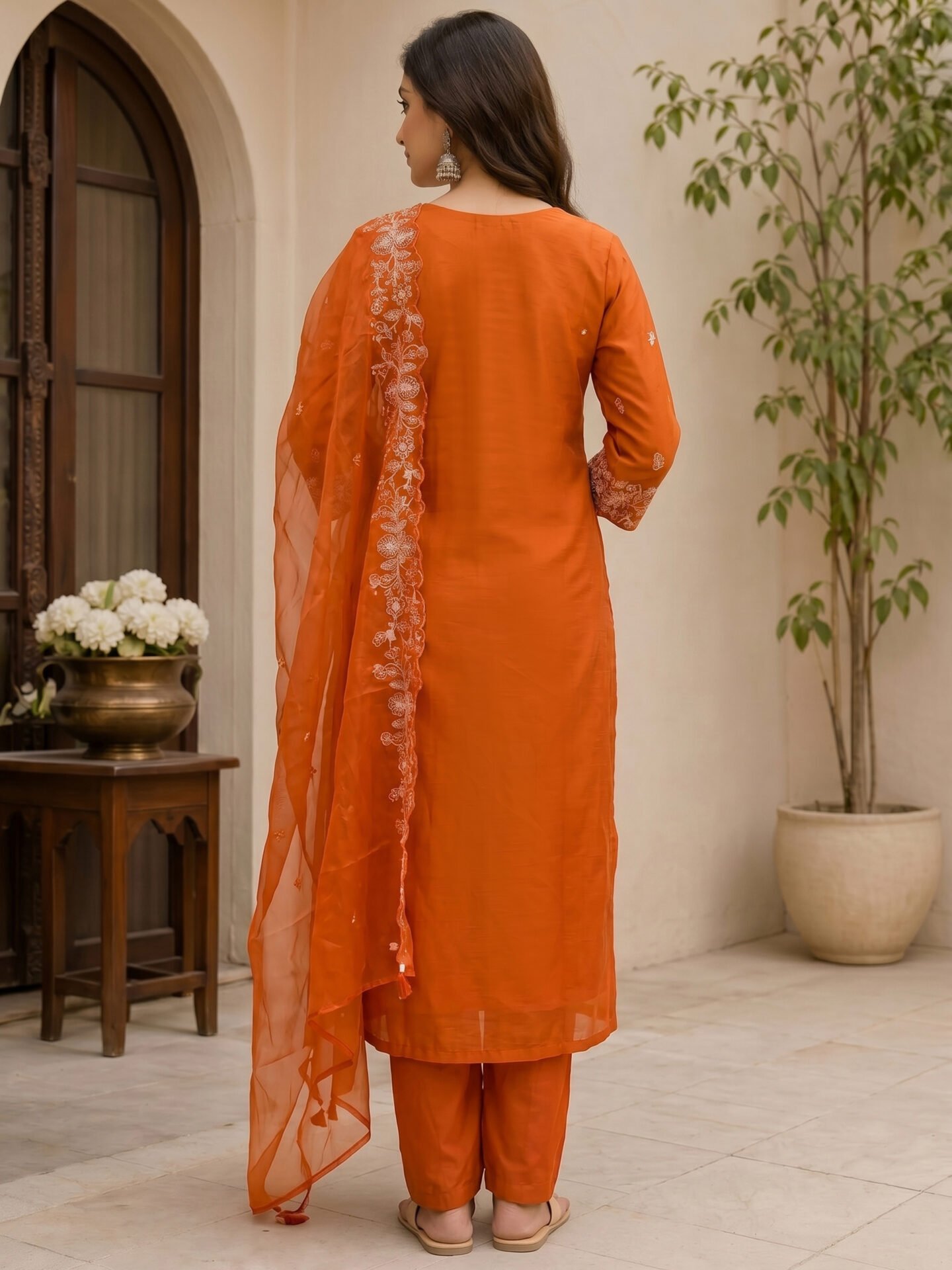 Tangerine Whisper Floral Embroidered Kurta Set with Sheer Organza Dupatta - Image 2