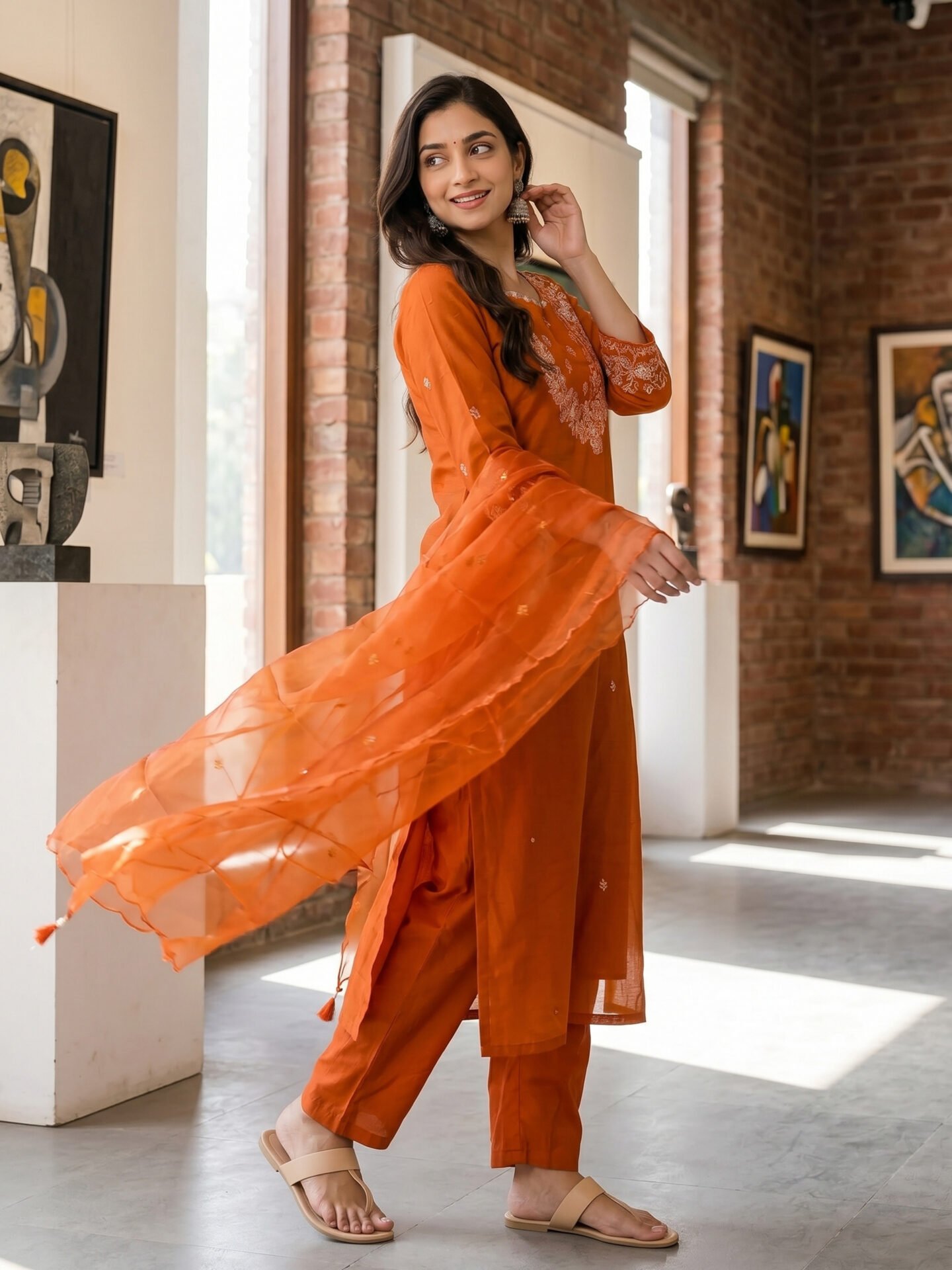 Tangerine Whisper Floral Embroidered Kurta Set with Sheer Organza Dupatta - Image 3
