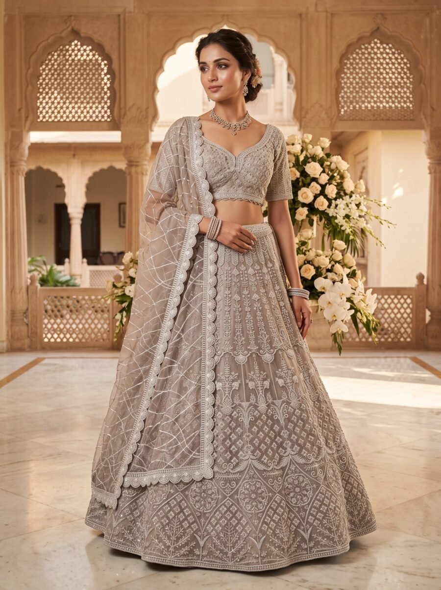 Taupe Grey Floral Buti Zari & Sequin Bridal Lehenga Choli with Dupatta