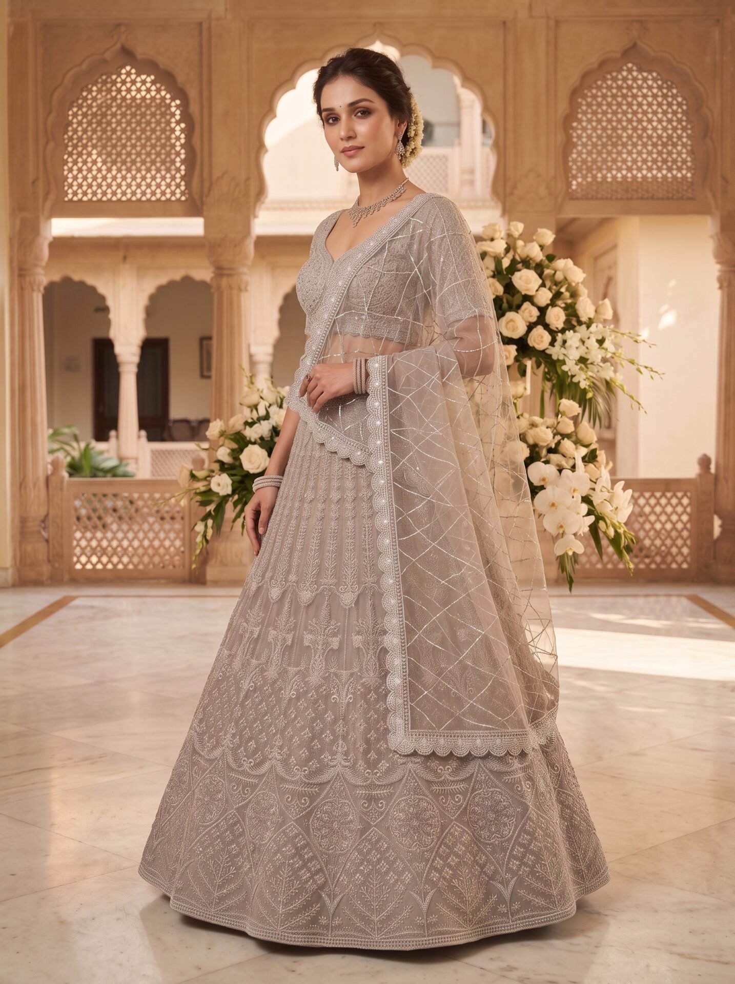 Taupe Grey Floral Buti Zari & Sequin Bridal Lehenga Choli with Dupatta - Image 2