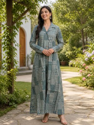Teal Bandhani Patchwork Collar Maxi Dress