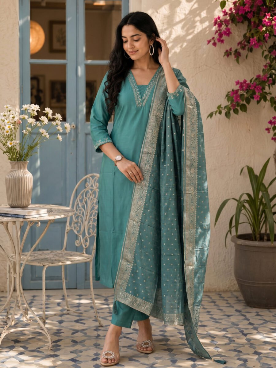 Teal Serenade Embroidered Kurta Set with Zari Booti Dupatta