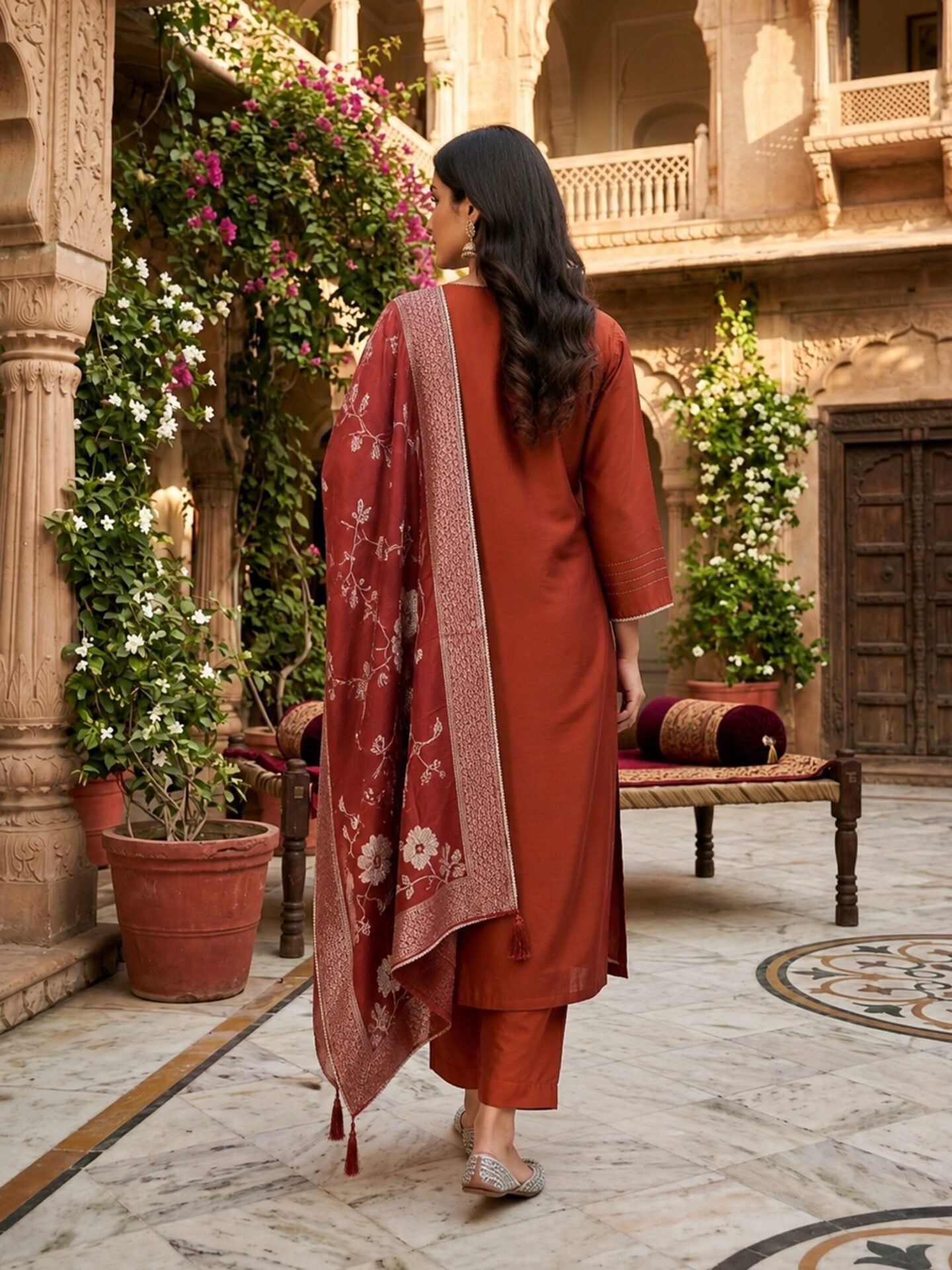 Terracotta Bloom Floral Embroidered Kurta Set with Matching Dupatta
