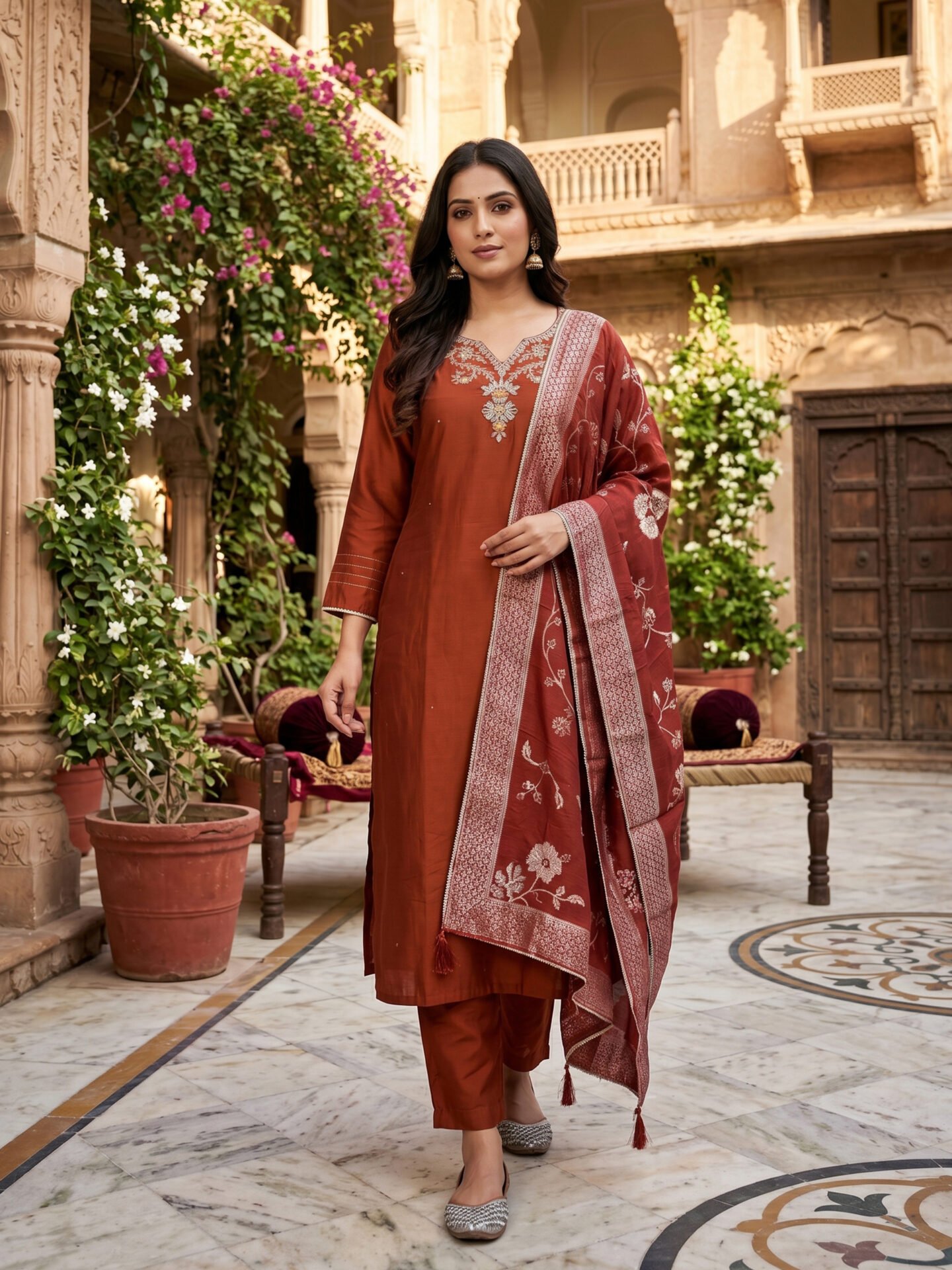 Terracotta Bloom Floral Embroidered Kurta Set with Matching Dupatta - Image 2