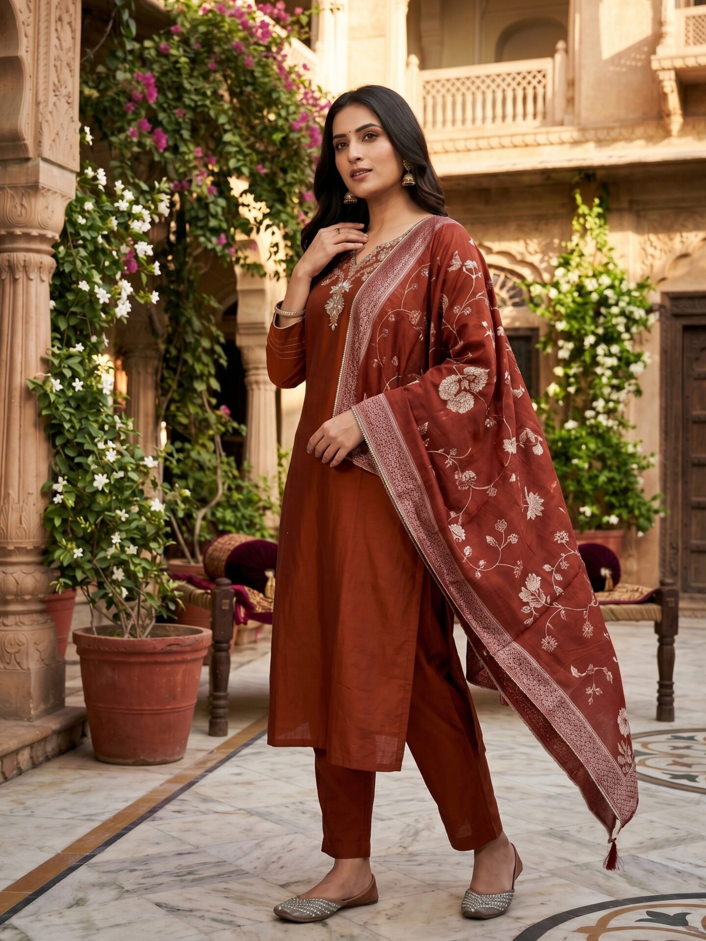 Terracotta Bloom Floral Embroidered Kurta Set with Matching Dupatta - Image 3