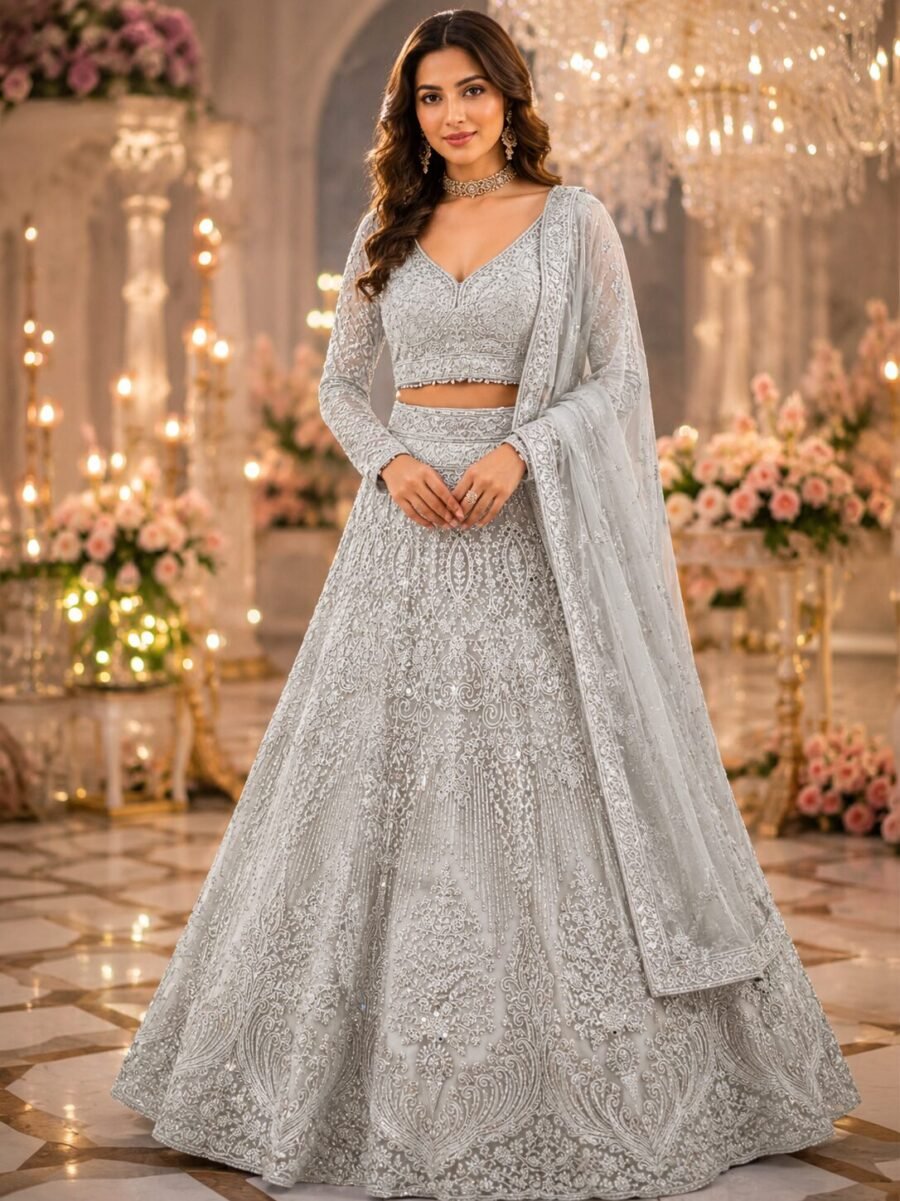 Vanya Ivory Silver Sequin Embroidered Bridal Lehenga Set