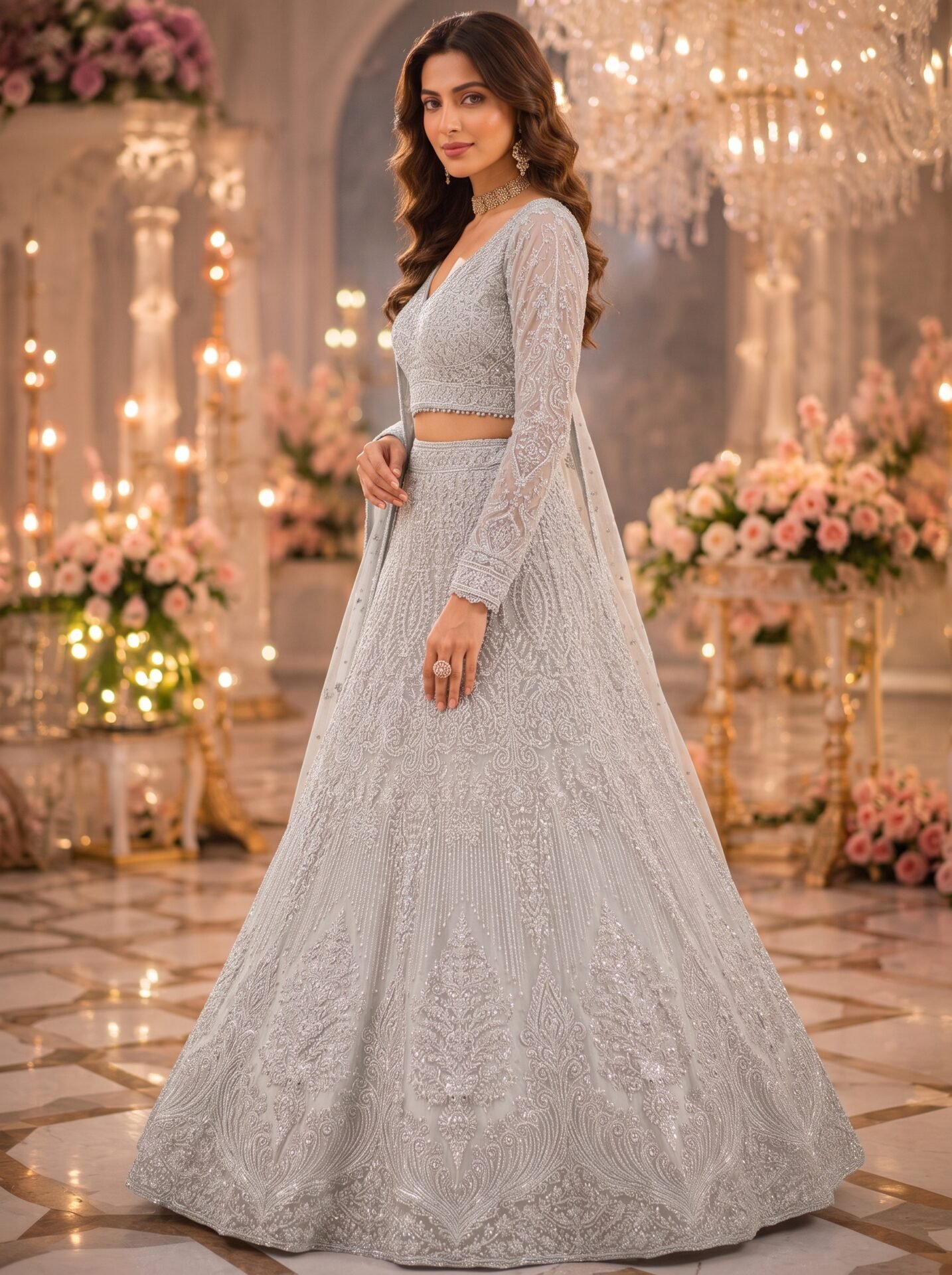 Vanya Ivory Silver Sequin Embroidered Bridal Lehenga Set - Image 2