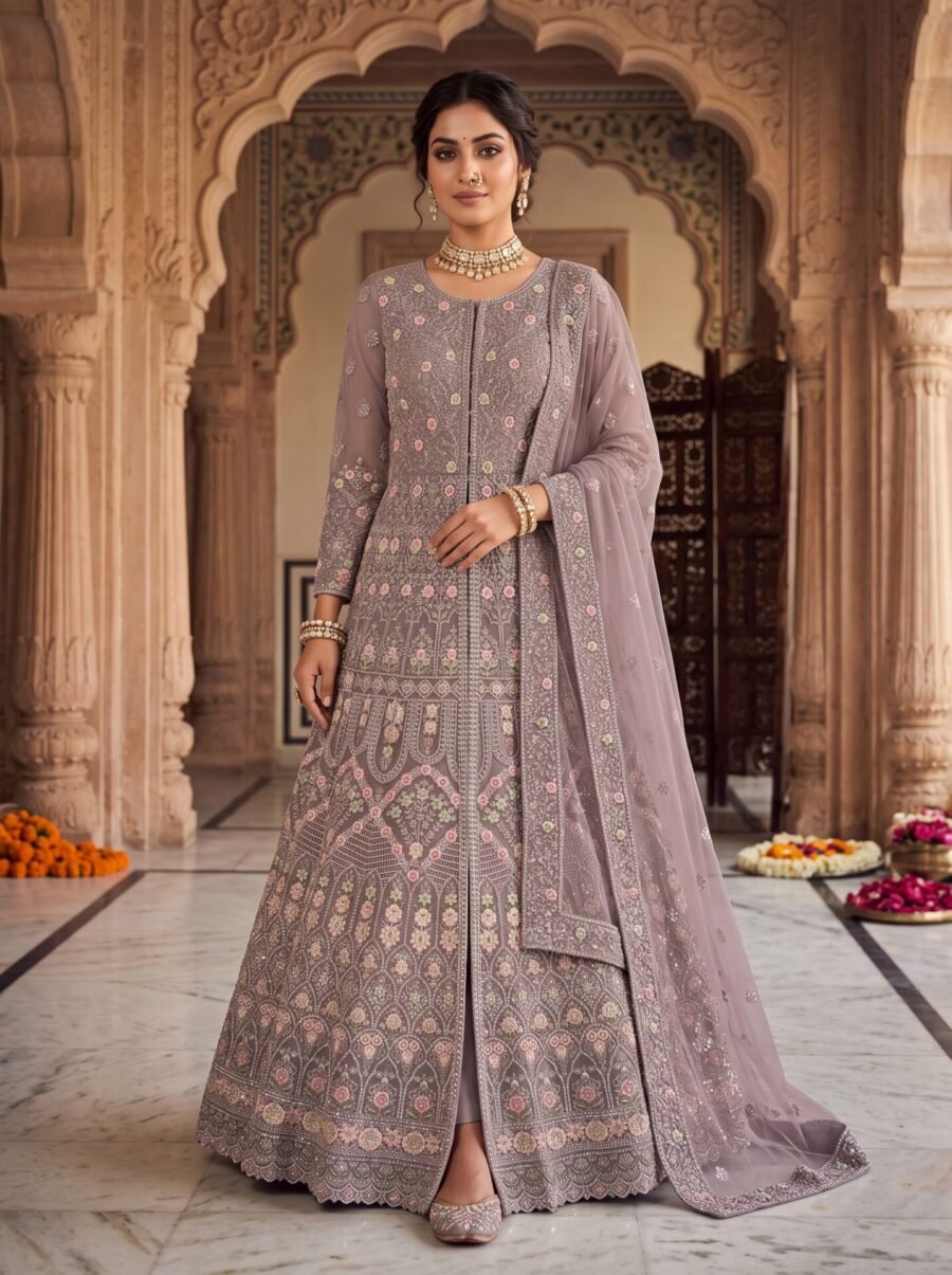 Vireya Smoky Mauve Pastel Floral Embroidered Jacket Lehenga Set