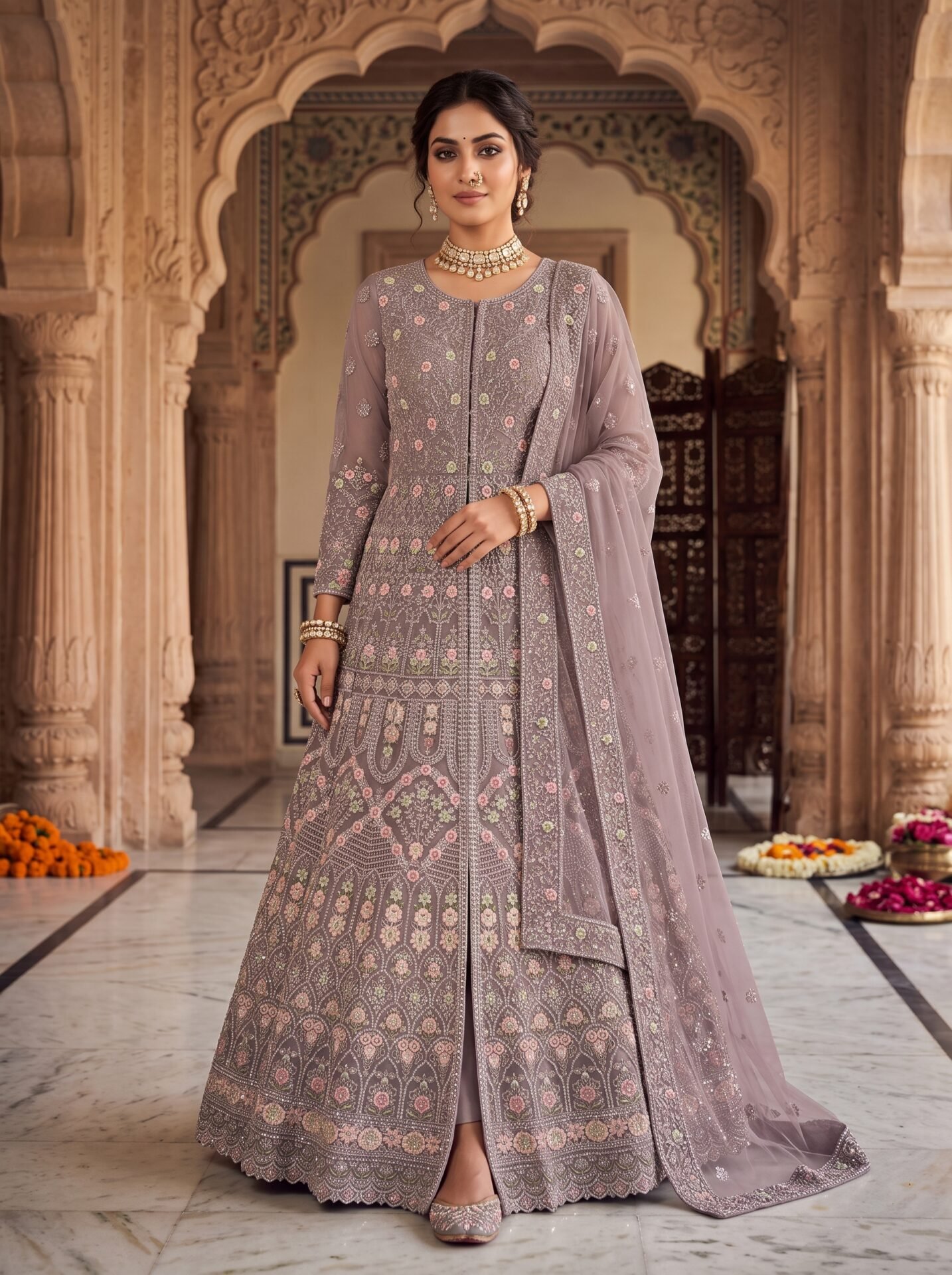 Vireya Smoky Mauve Pastel Floral Embroidered Jacket Lehenga Set