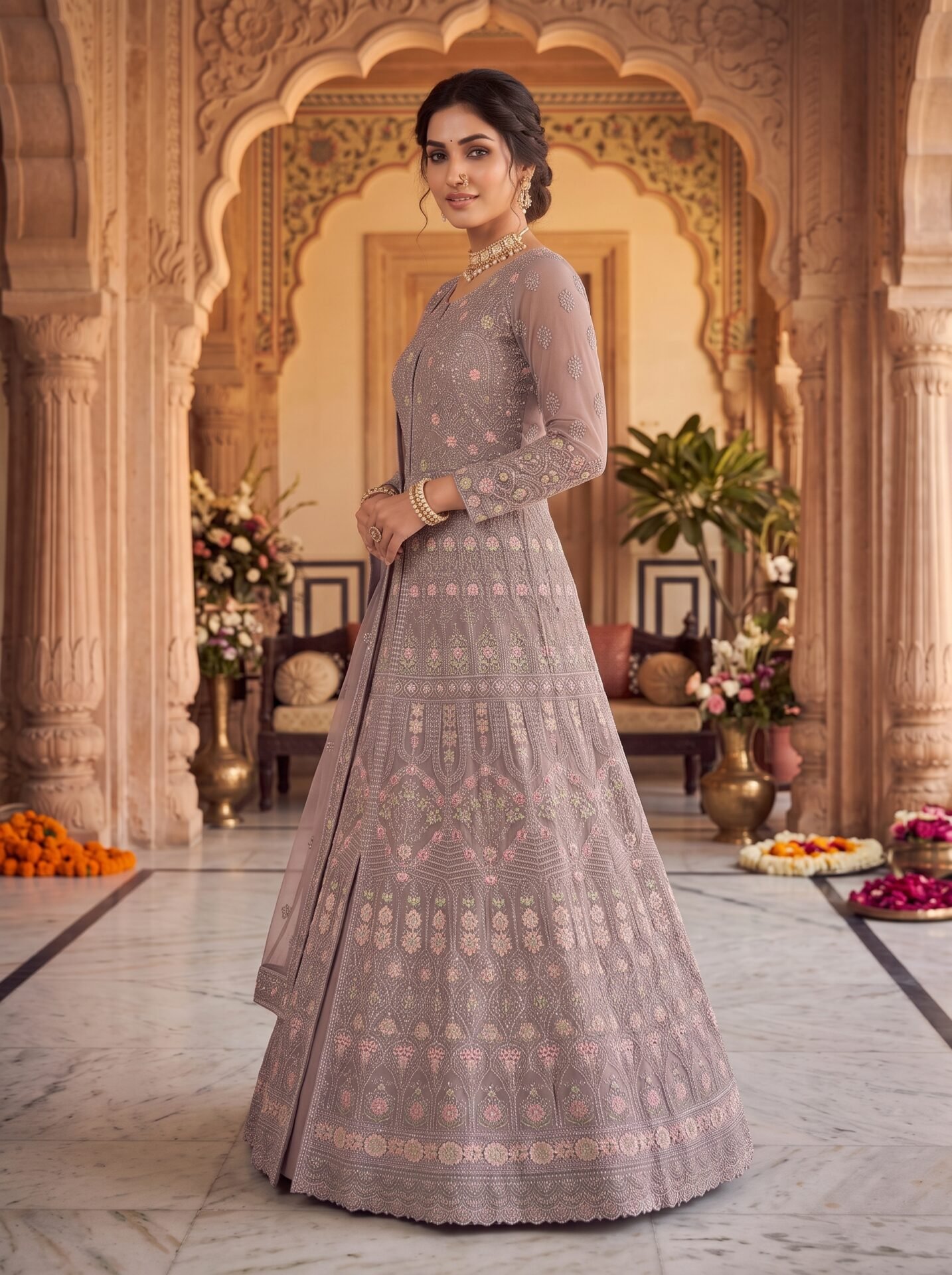 Vireya Smoky Mauve Pastel Floral Embroidered Jacket Lehenga Set - Image 2
